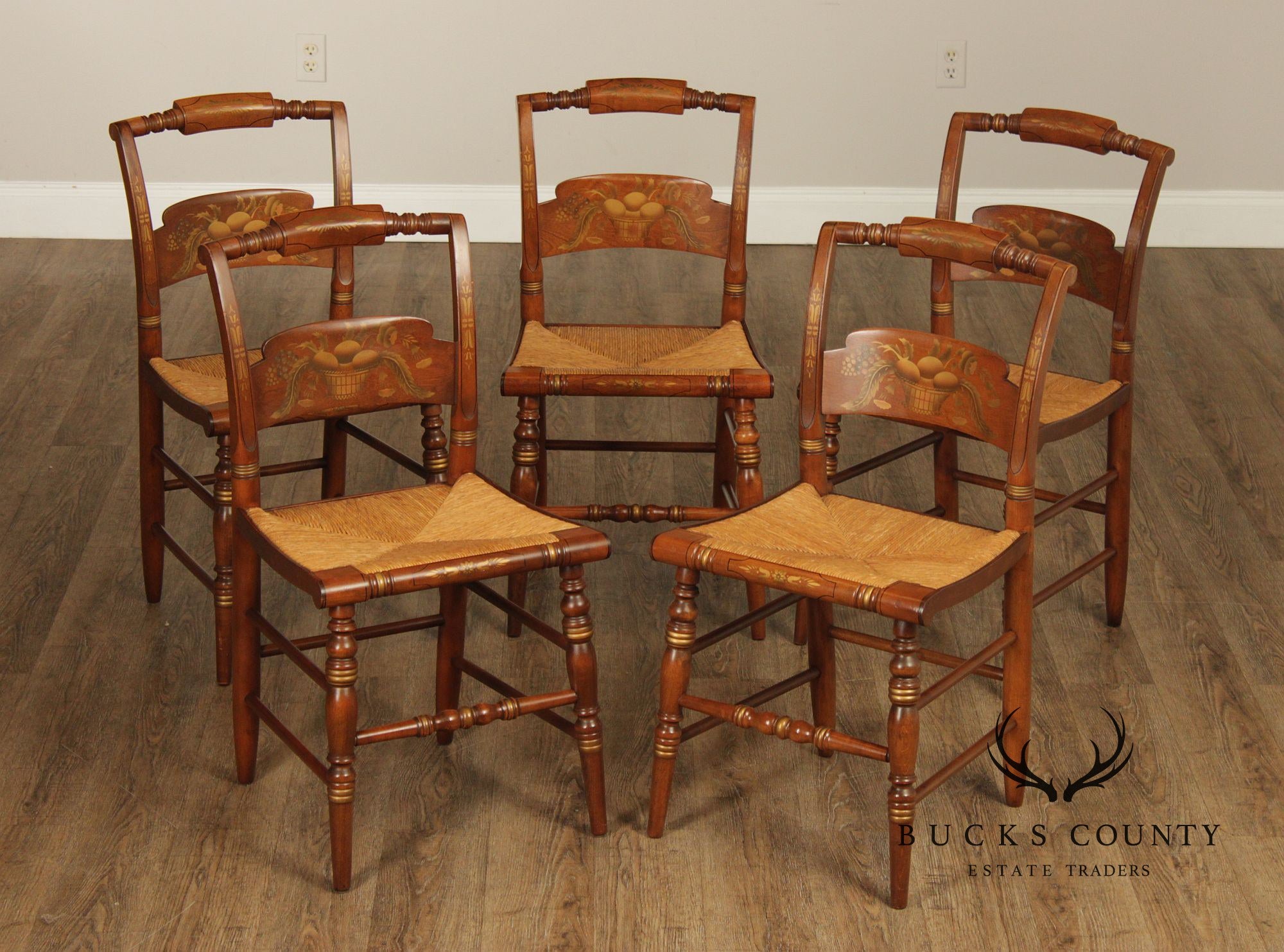 Hitchcock Set Of Five Sheraton Style Maple Painted Rush Seat Dining Chairs