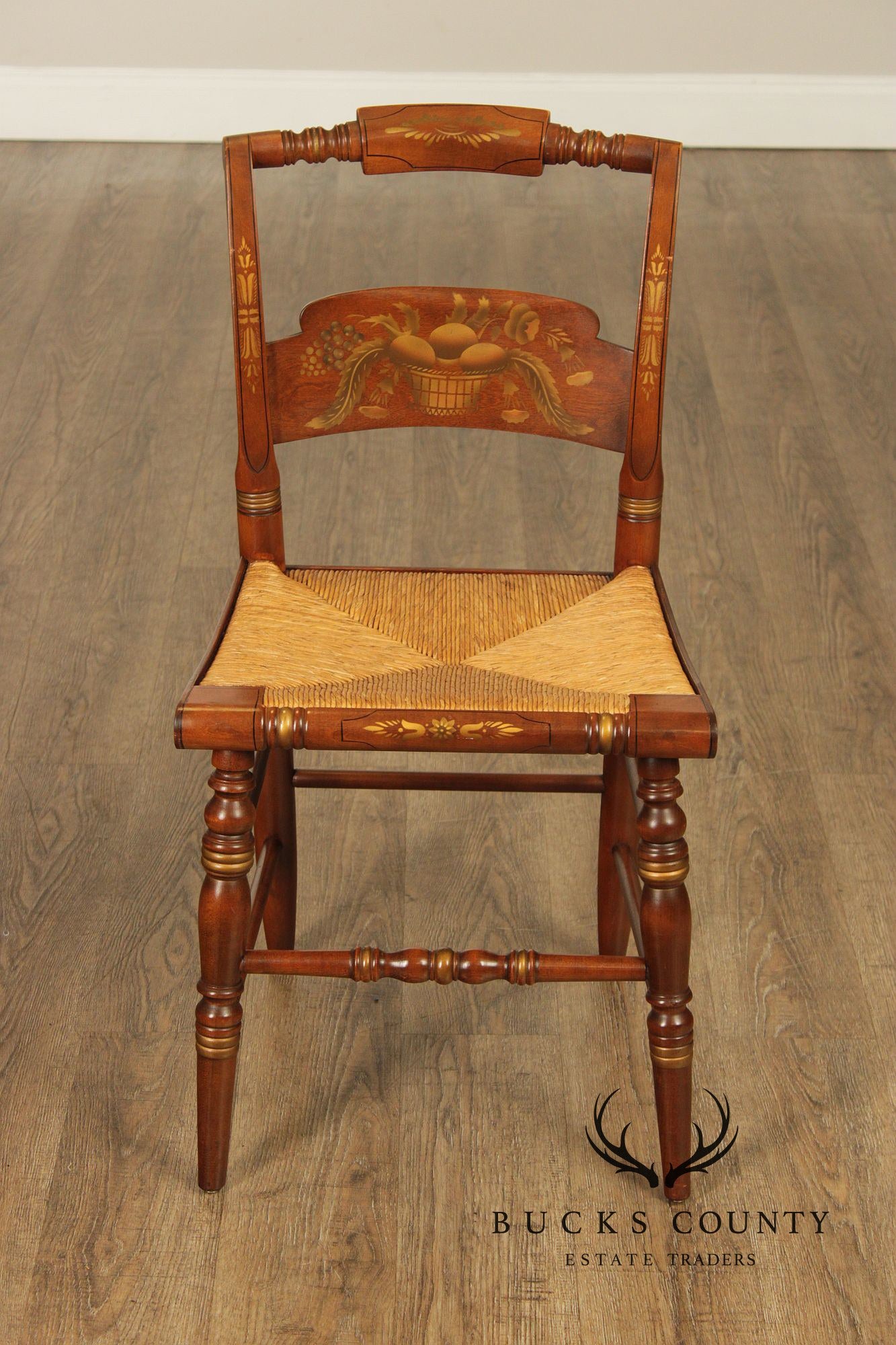 Hitchcock Set Of Five Sheraton Style Maple Painted Rush Seat Dining Chairs