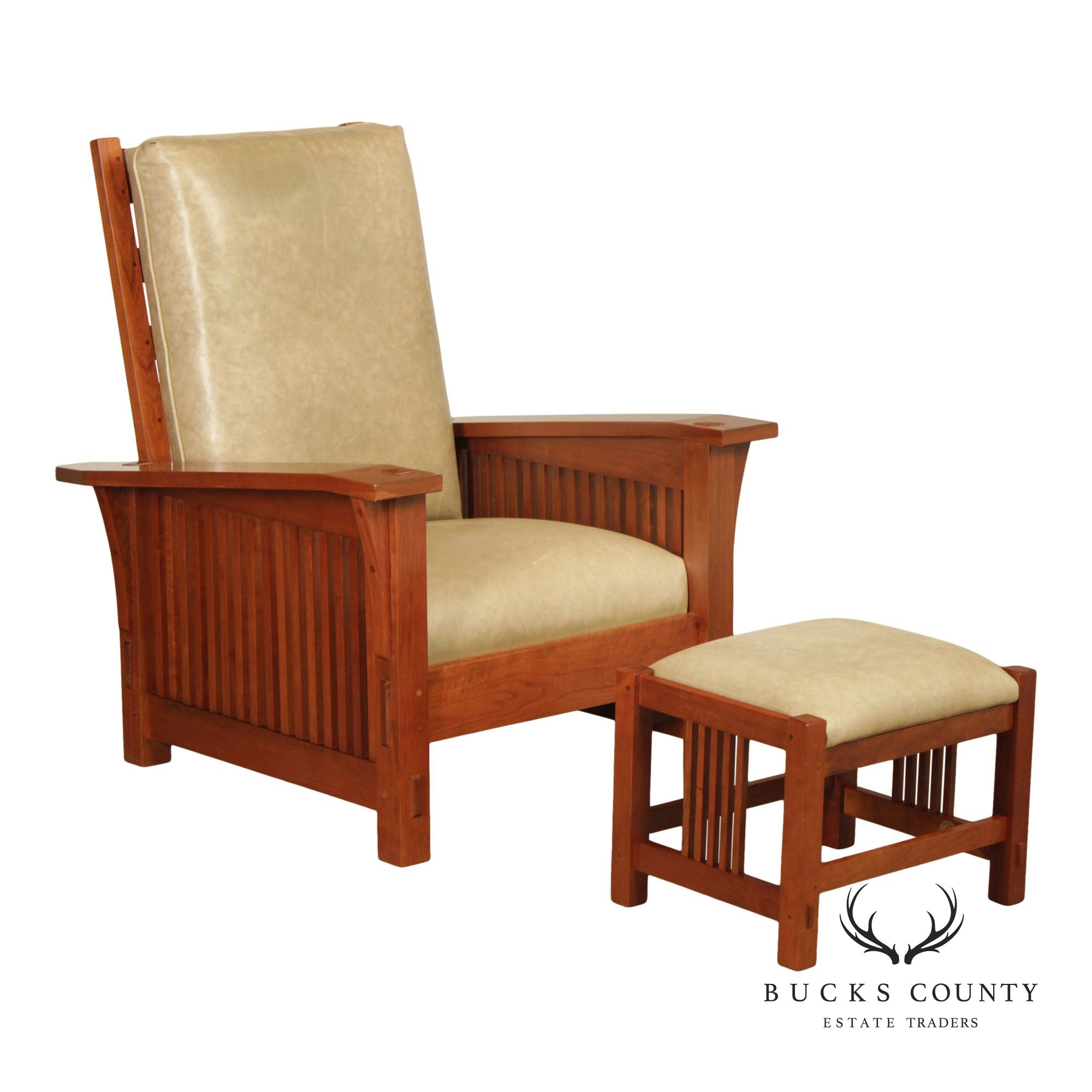 Stickley Mission Collection Cherry Bent Arm Morris Chair and Ottoman