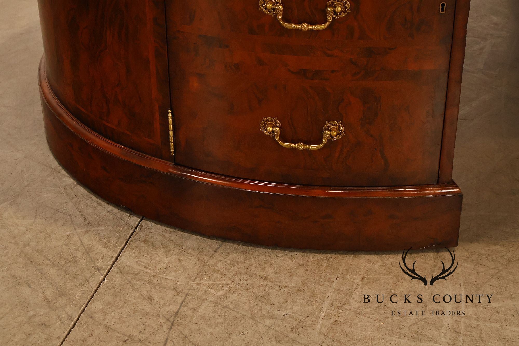Maitland-Smith Oval Burl Wood Leather Top Partner Desk with Brass Hardware