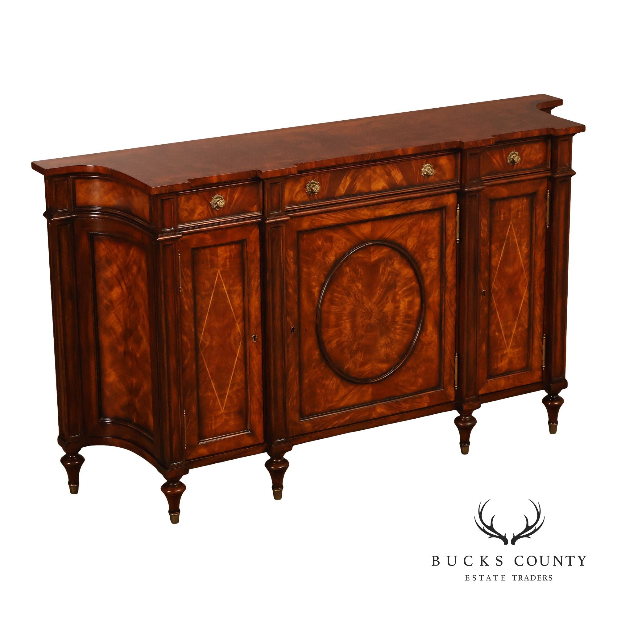 Theodore Alexander Replica Concave Mahogany And Burl Mahogany Sideboard Cabinet