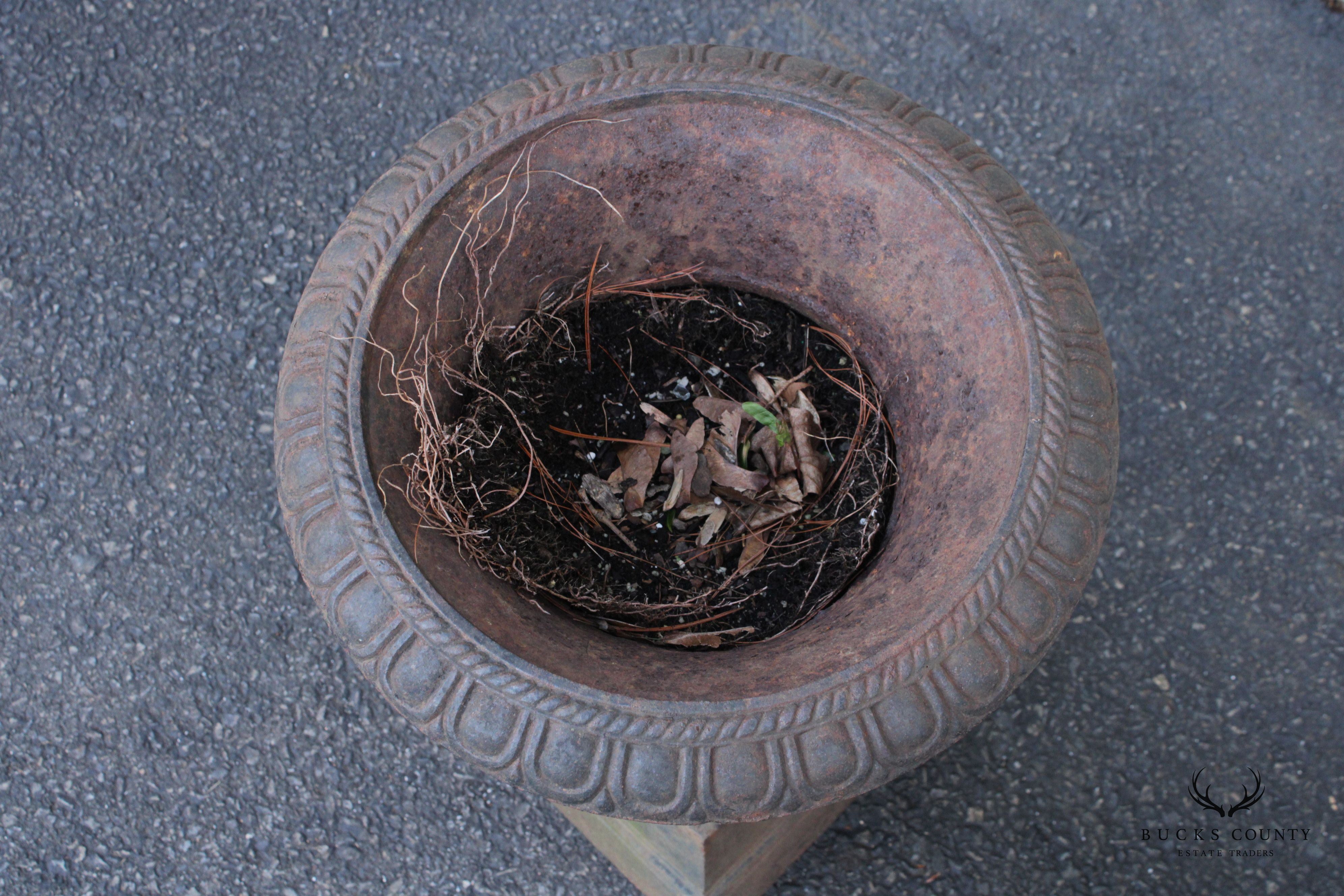 French Style Vintage Pair of Cast Iron Garden Urns