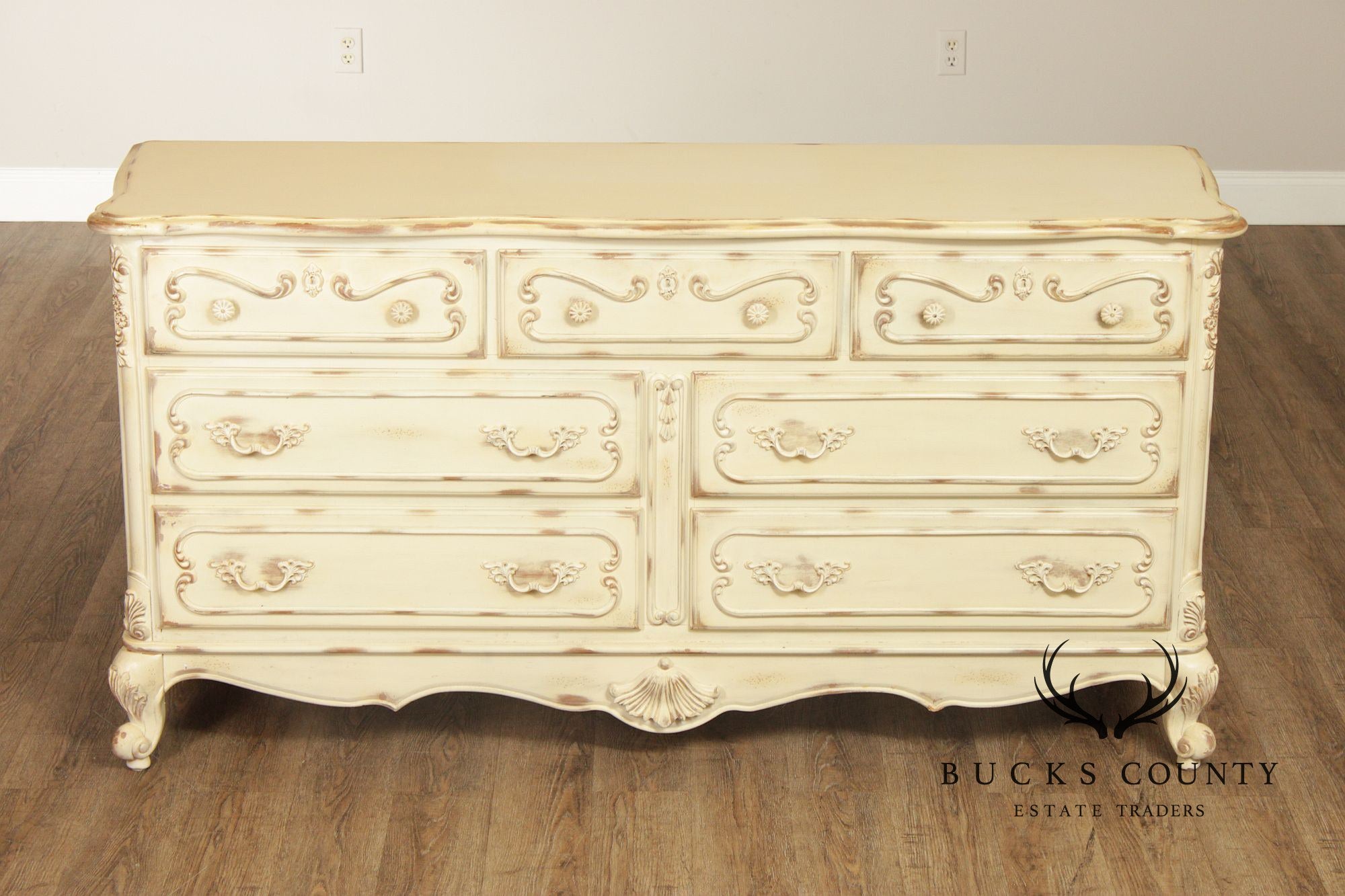 Lane French Provincial Style Distressed Cream Seven Drawer Dresser
