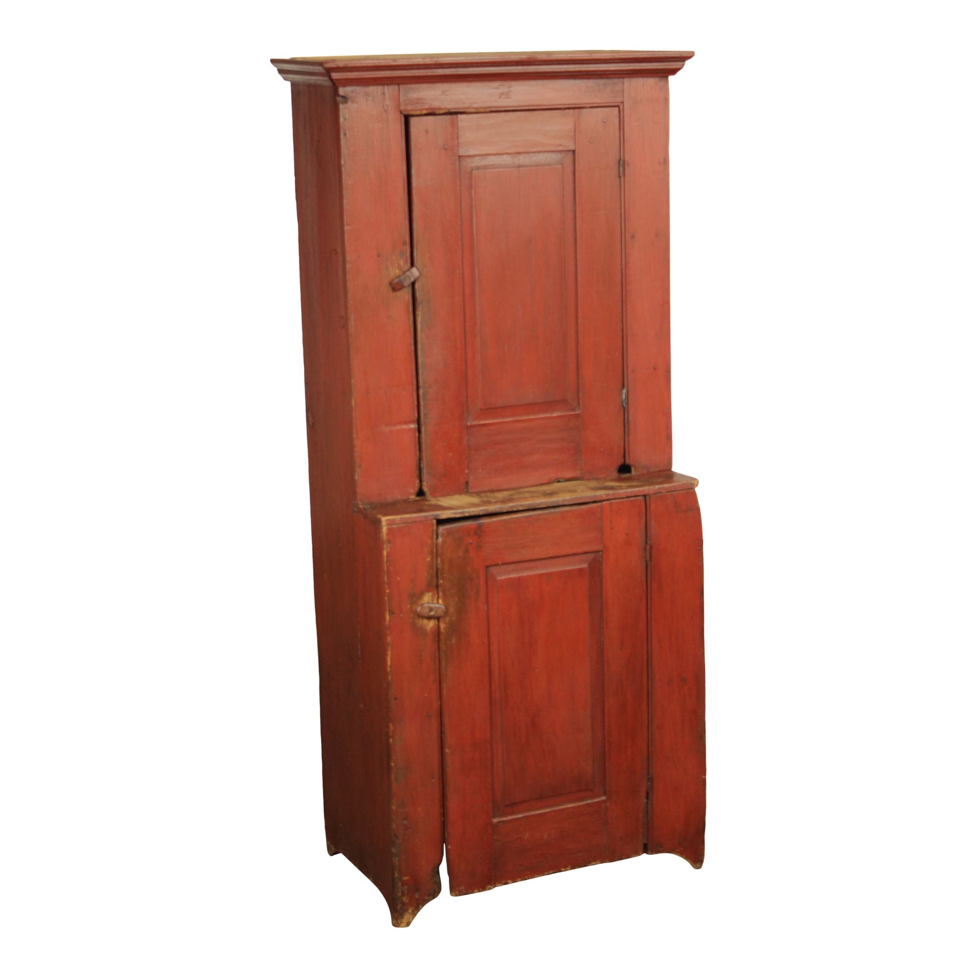 Antique American Primitive Red Painted Pine Two Door Cupboard