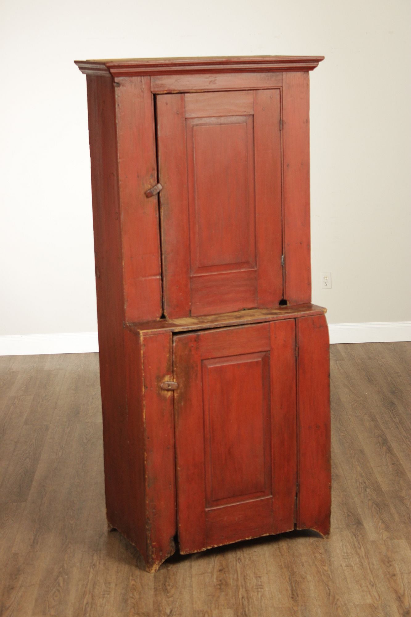 Antique American Primitive Red Painted Pine Two Door Cupboard