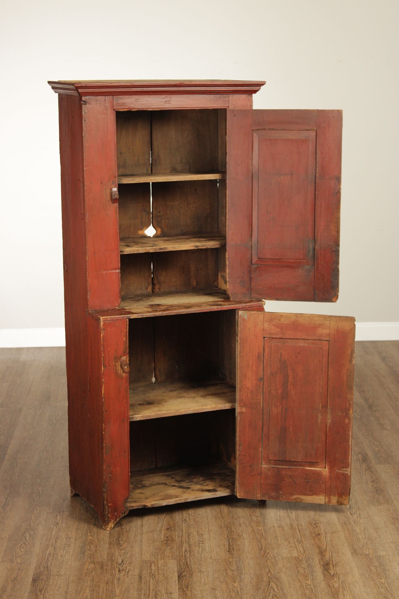 Antique American Primitive Red Painted Pine Two Door Cupboard