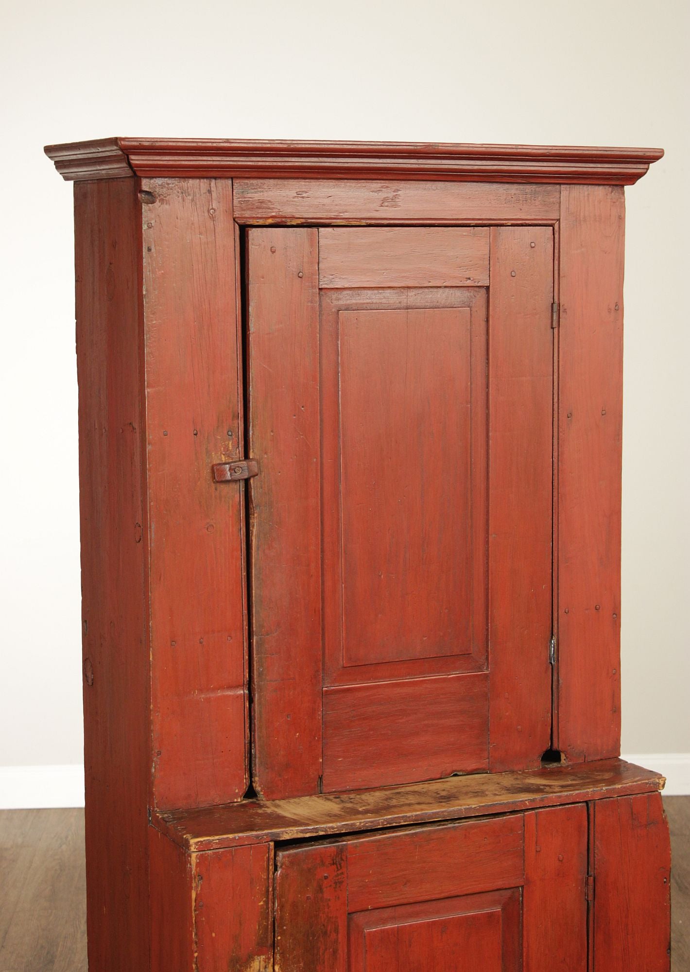 Antique American Primitive Red Painted Pine Two Door Cupboard