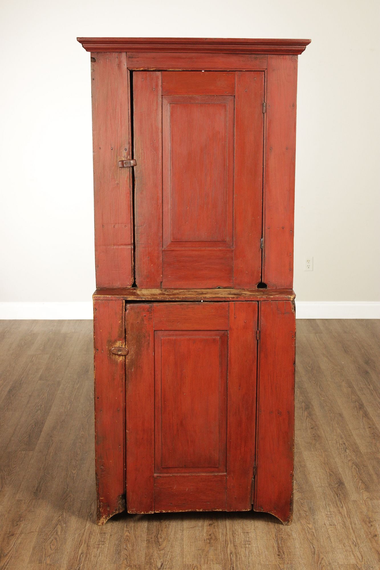 Antique American Primitive Red Painted Pine Two Door Cupboard