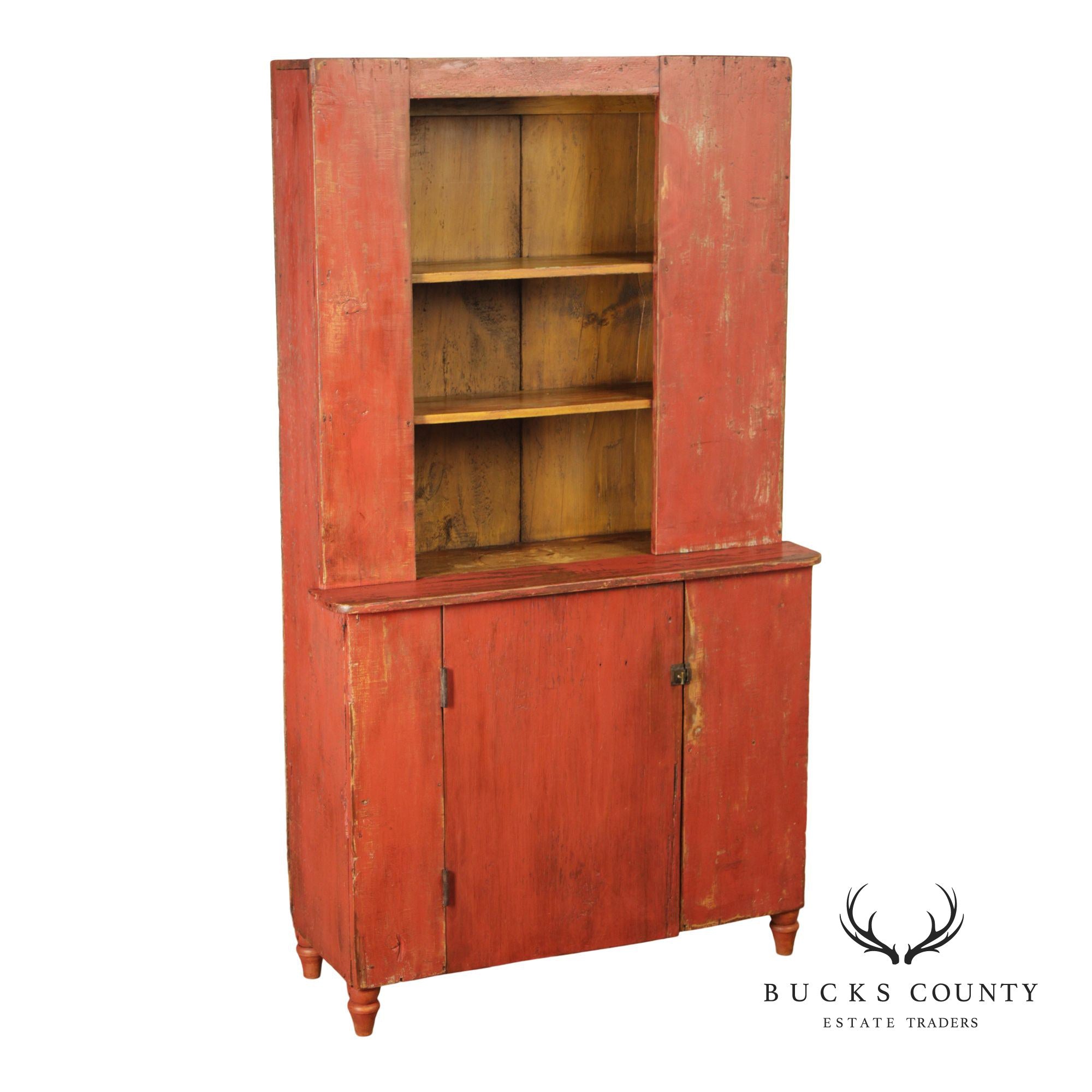 Antique American Primitive Painted Pine Stepback Cupboard