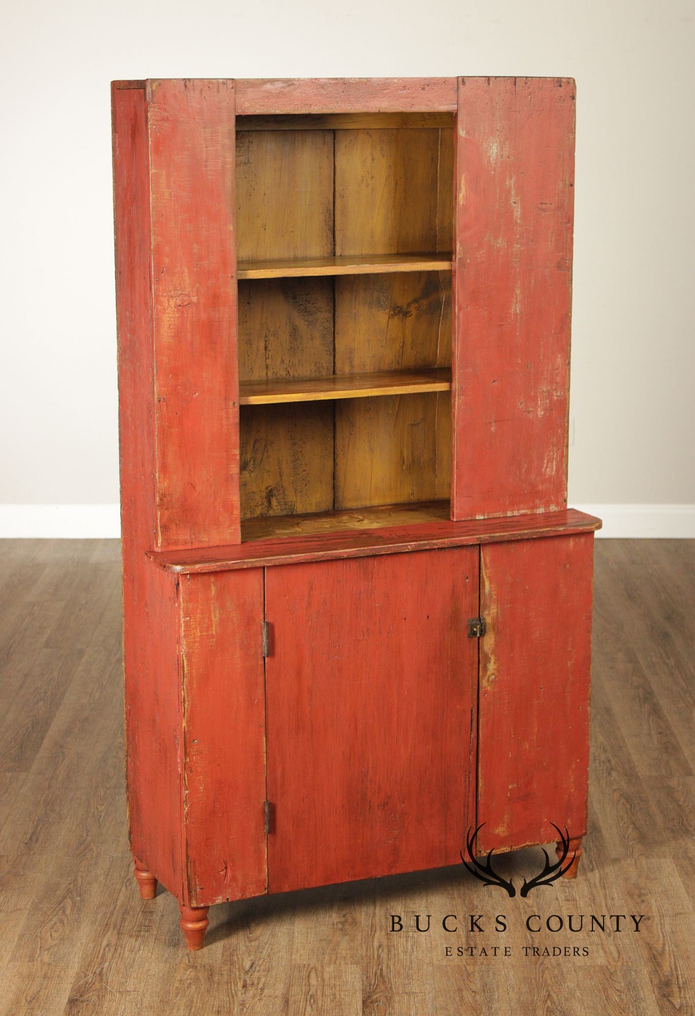 Antique American Primitive Painted Pine Stepback Cupboard