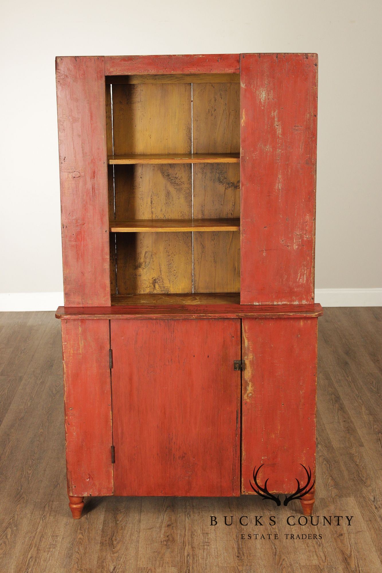 Antique American Primitive Painted Pine Stepback Cupboard