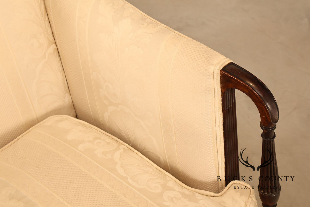 Antique Sheraton Style Mahogany Camelback Upholstered Sofa