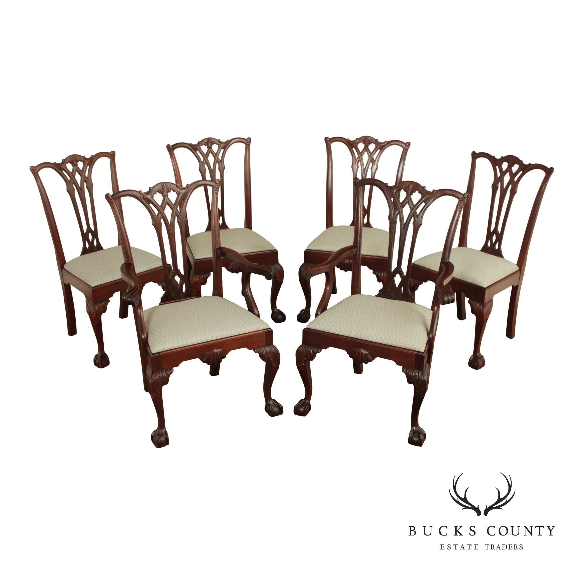 Antique Chippendale Style Set of Six Carved Mahogany Dining Chairs