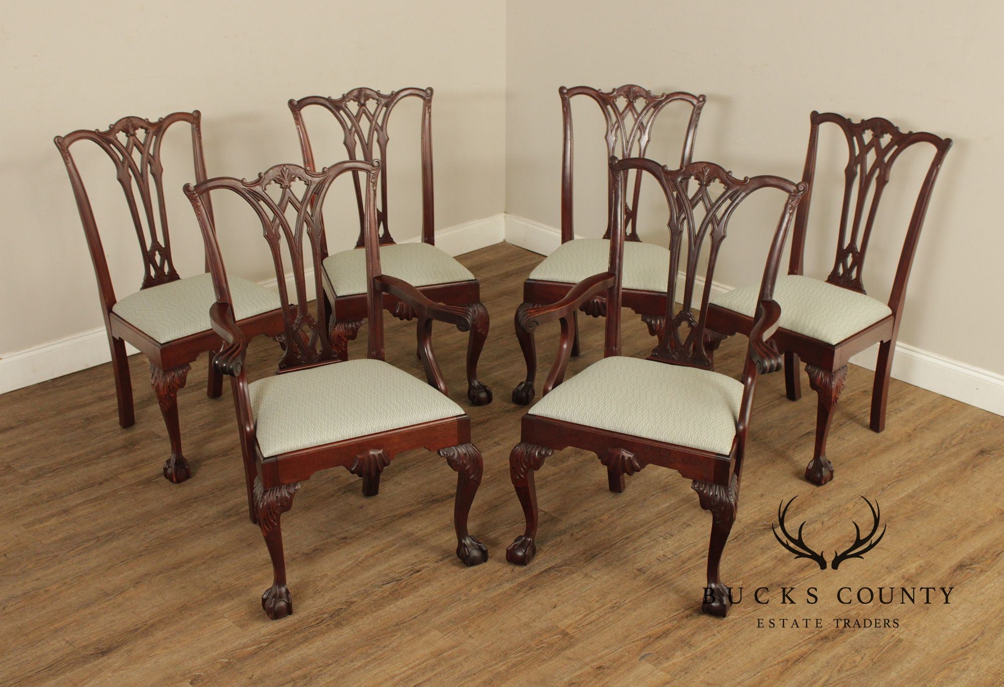 Antique Chippendale Style Set of Six Carved Mahogany Dining Chairs