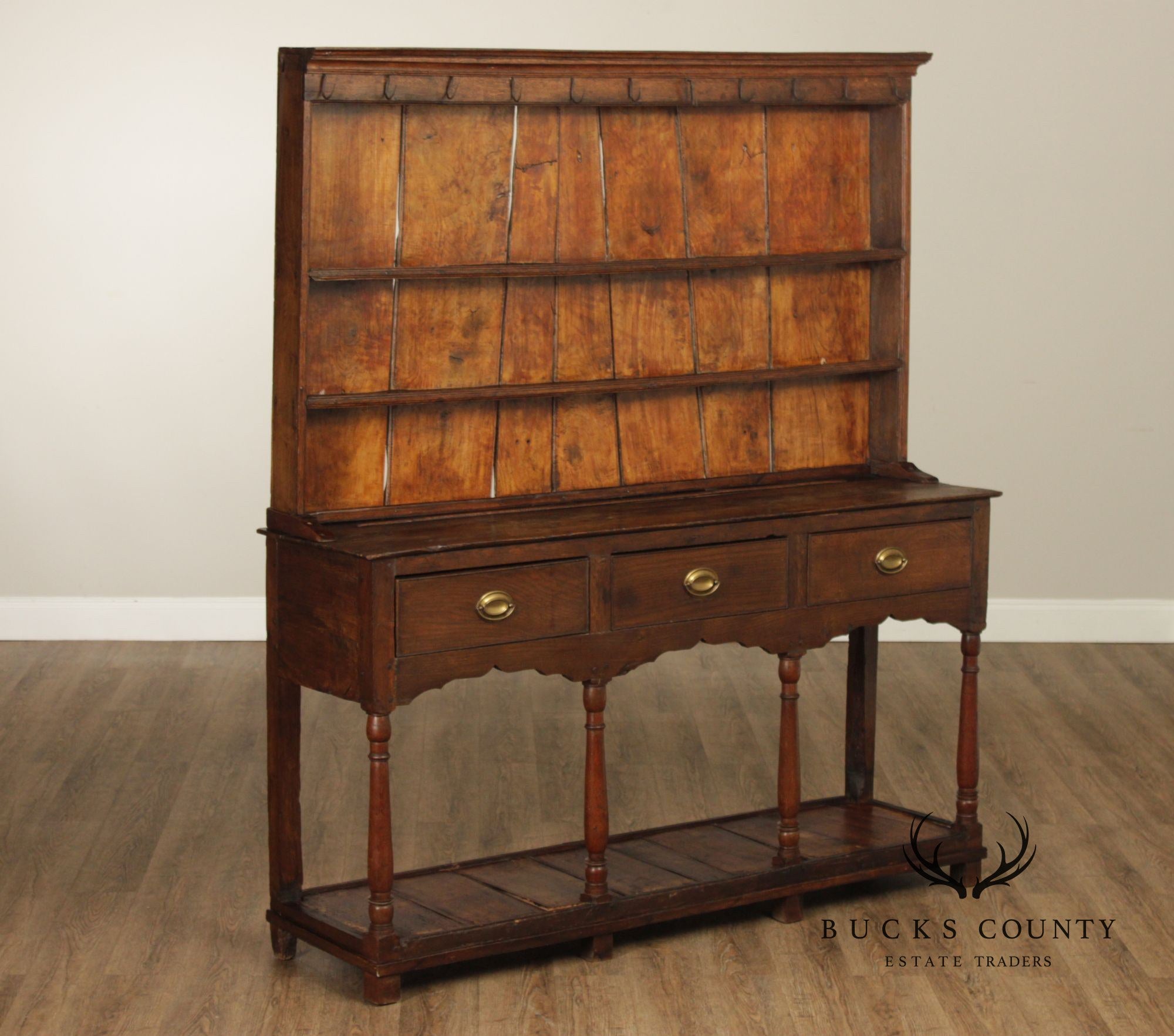 Antique English Country Welsh Dresser With Plate Rack
