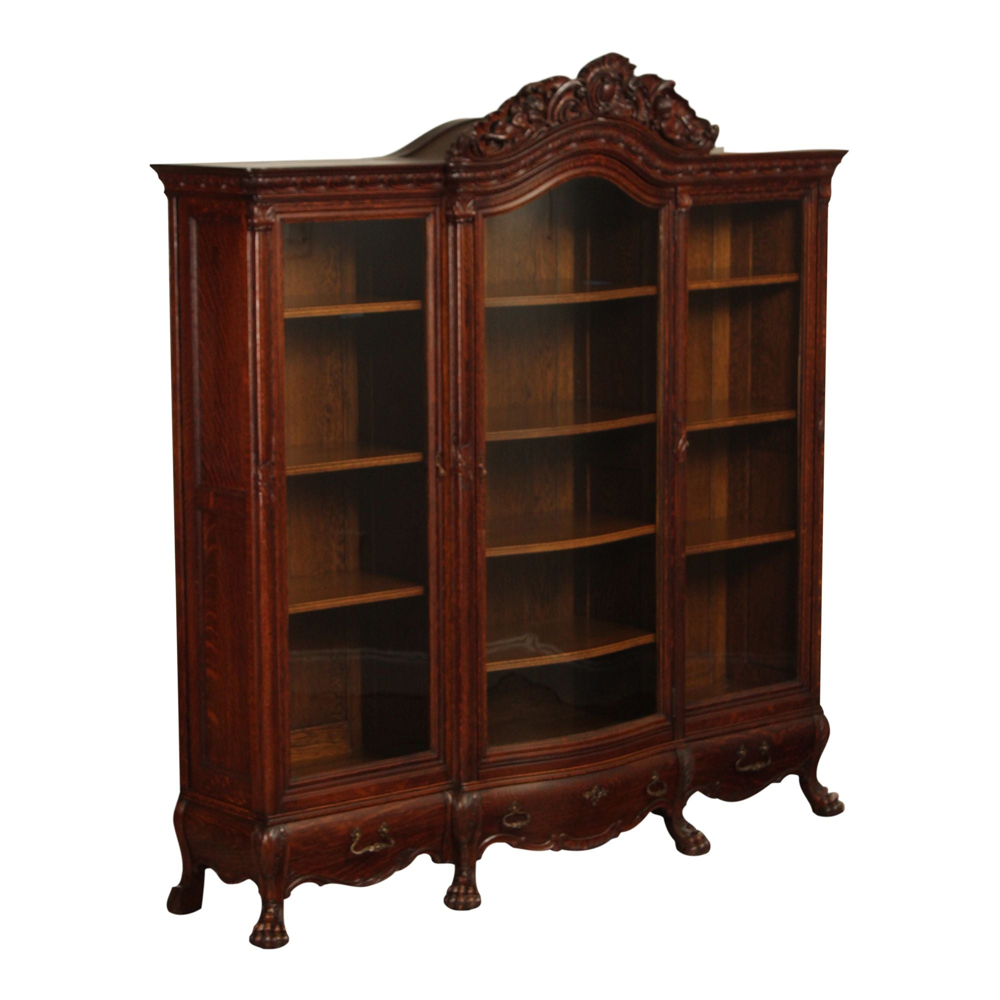 Antique Victorian Rococo Revival Oak Carved Glass Triple Door Bookcase