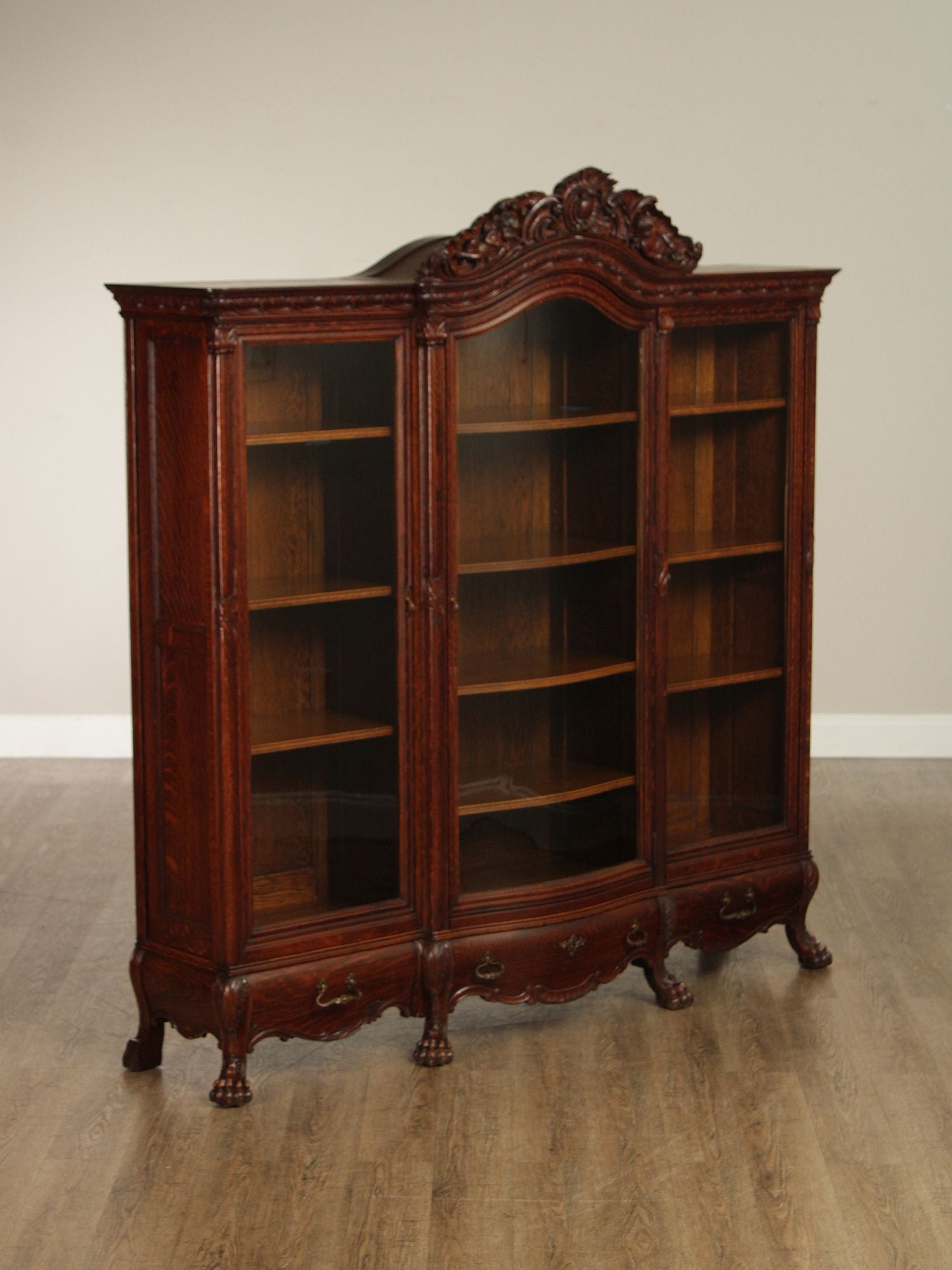 Antique Victorian Rococo Revival Oak Carved Glass Triple Door Bookcase