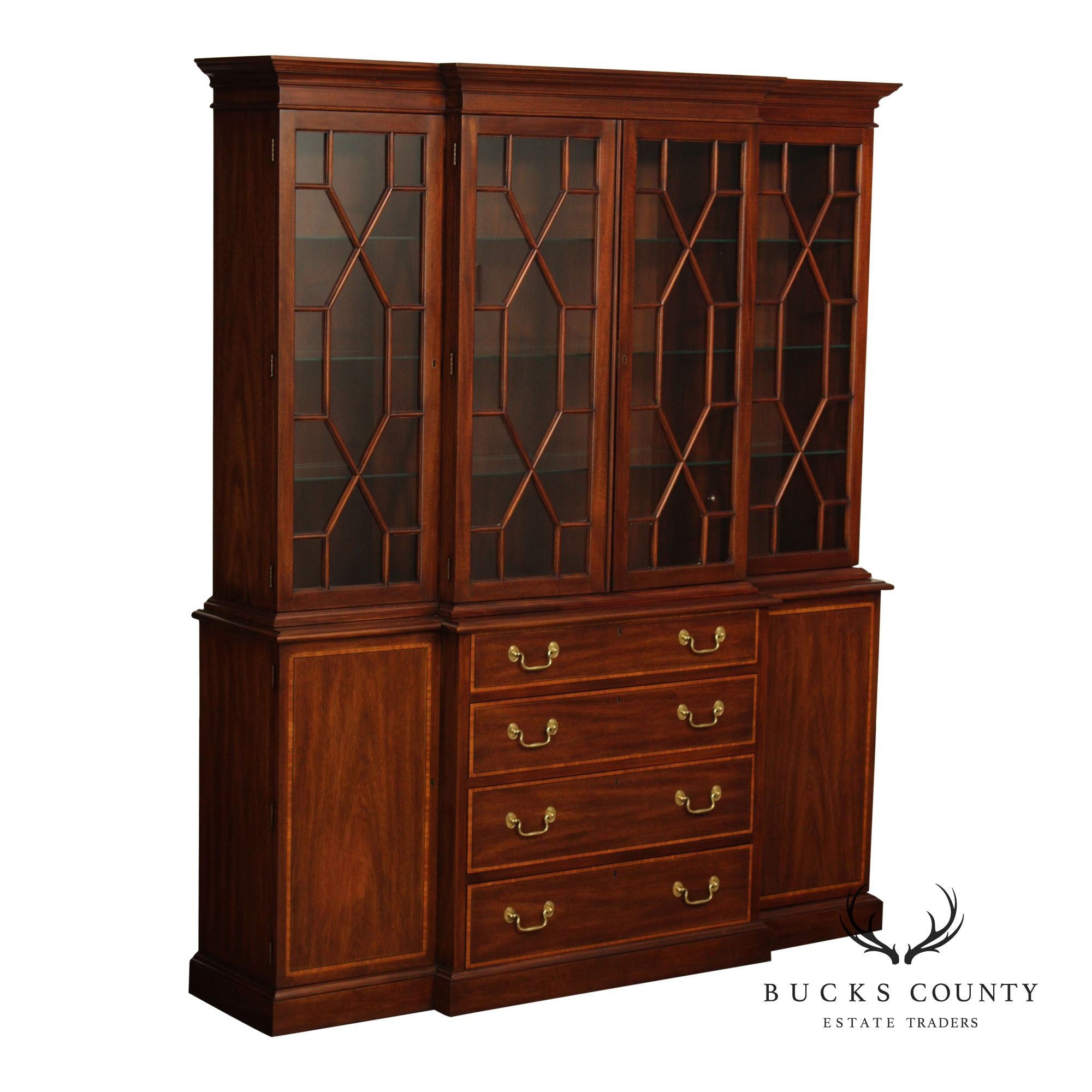 Henkel Harris Traditional Mahogany Lighted Breakfront China Cabinet