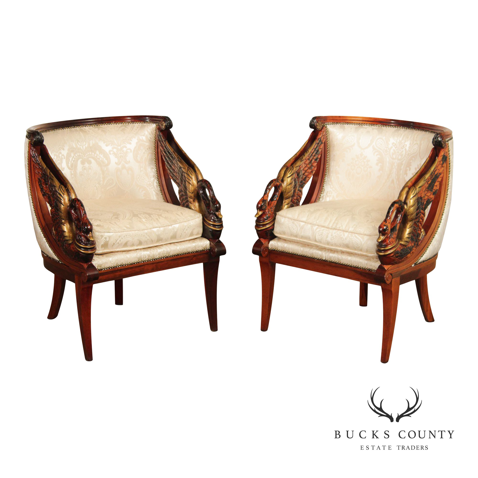 Neoclassical Revival Pair of Swan Carved Barrel Back Armchairs