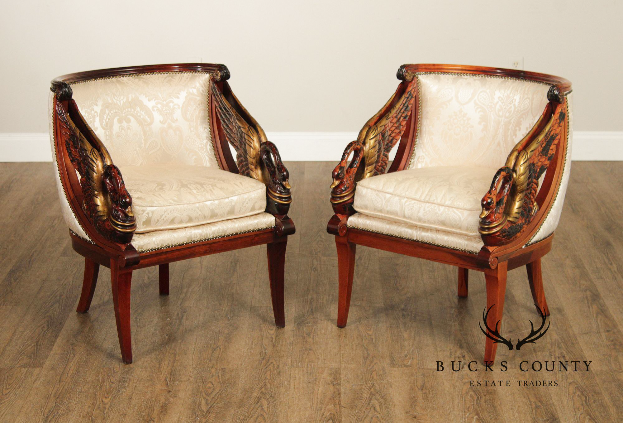 Neoclassical Revival Pair of Swan Carved Barrel Back Armchairs