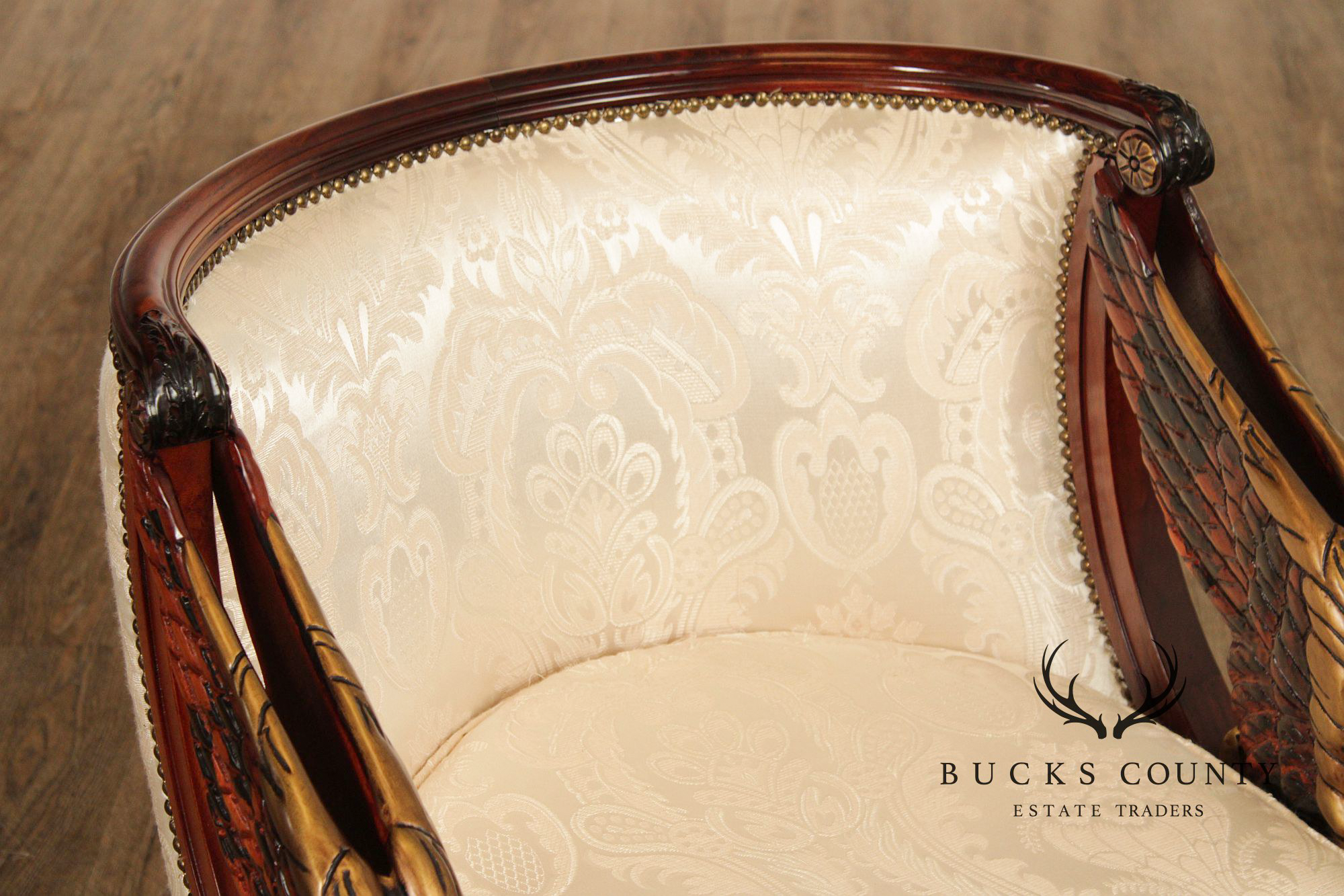 Neoclassical Revival Pair of Swan Carved Barrel Back Armchairs
