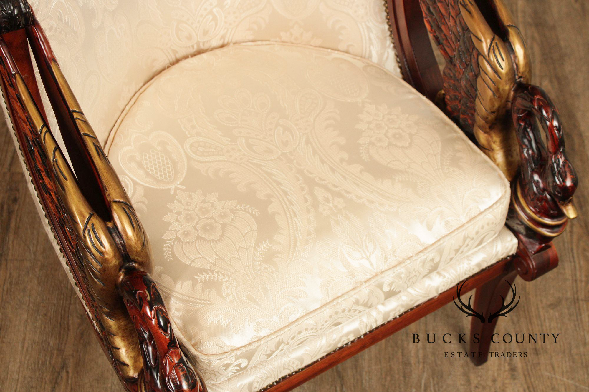 Neoclassical Revival Pair of Swan Carved Barrel Back Armchairs
