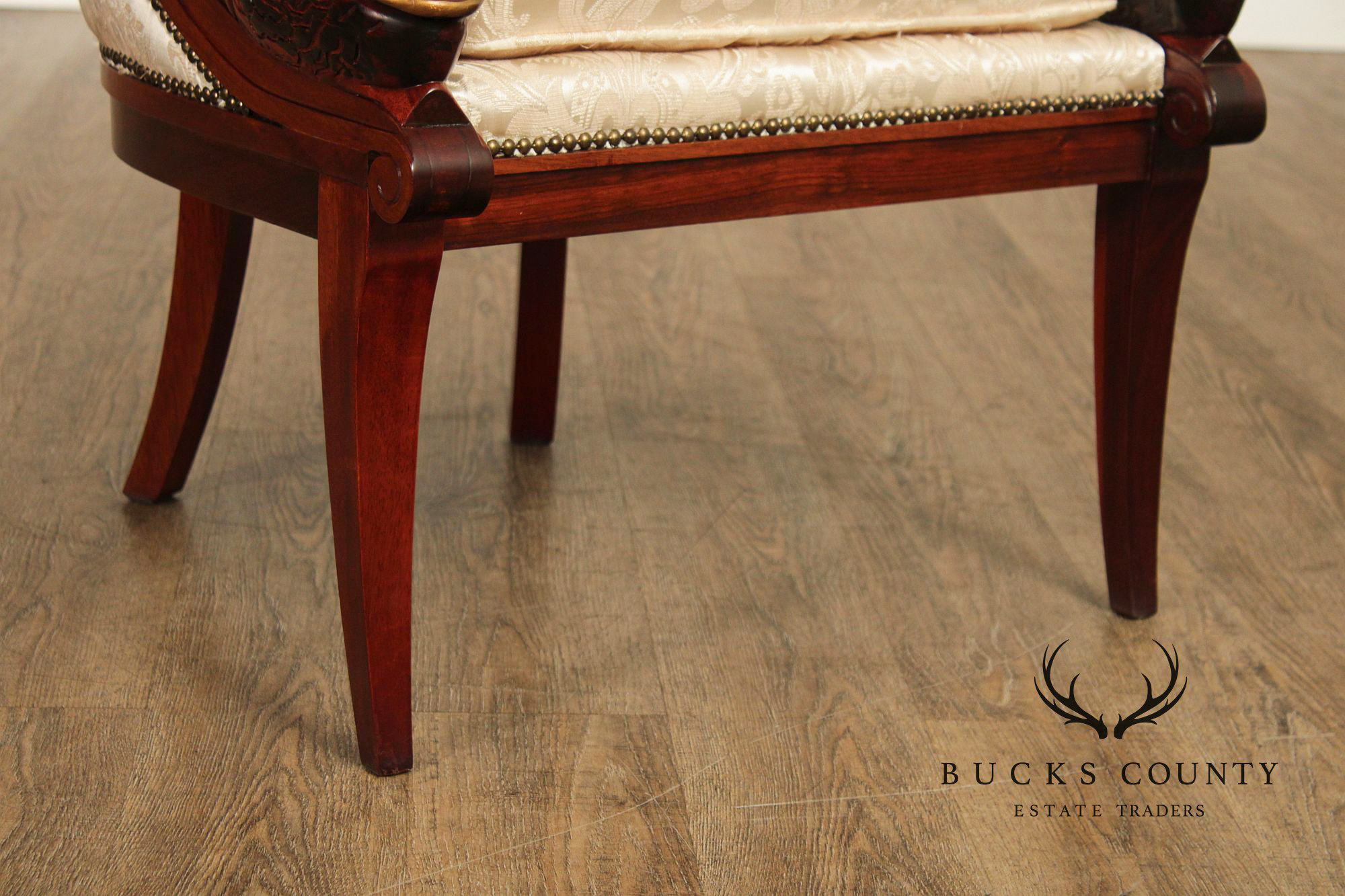 Neoclassical Revival Pair of Swan Carved Barrel Back Armchairs