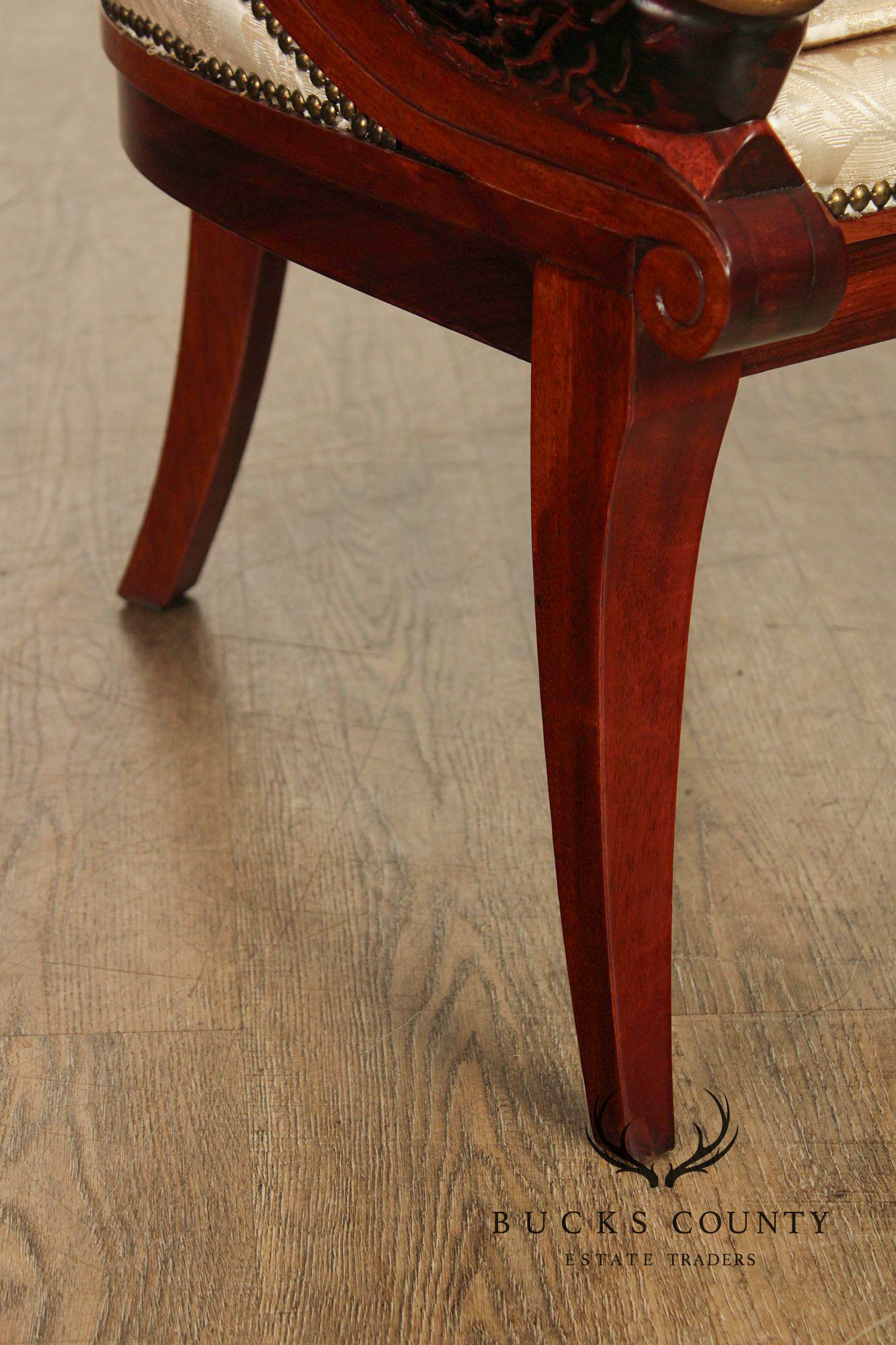 Neoclassical Revival Pair of Swan Carved Barrel Back Armchairs