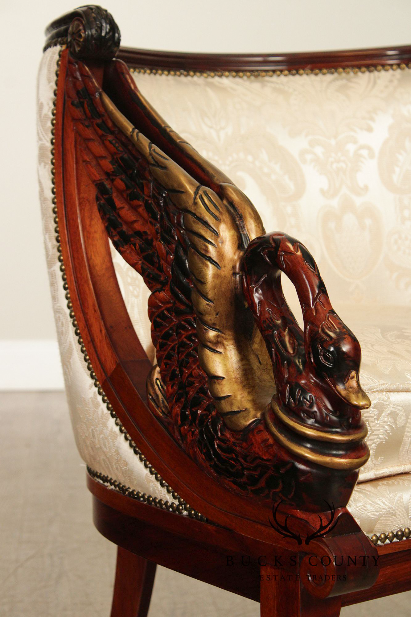 Neoclassical Revival Pair of Swan Carved Barrel Back Armchairs