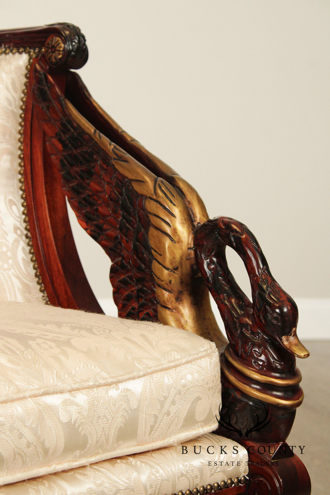 Neoclassical Revival Pair of Swan Carved Barrel Back Armchairs