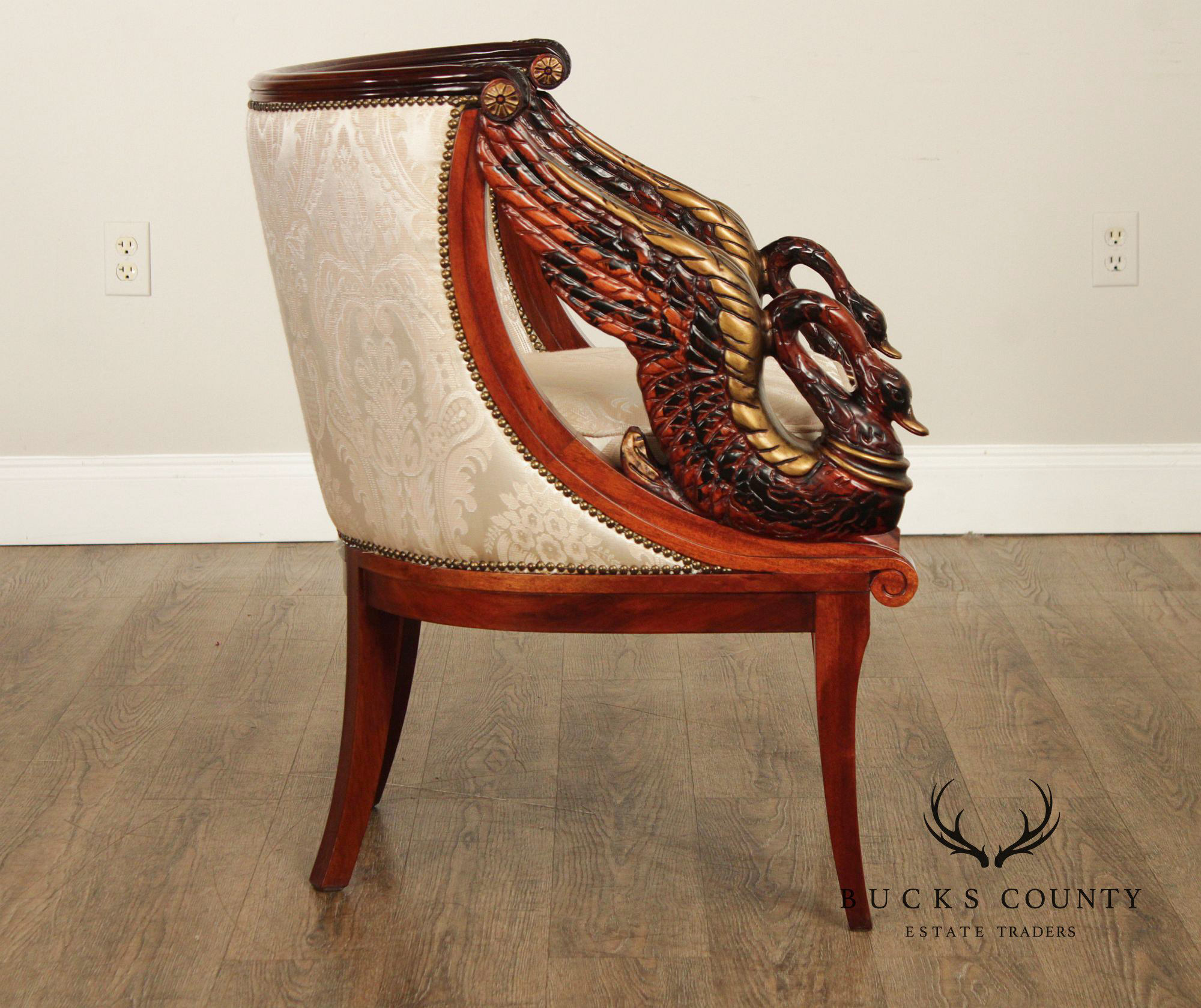 Neoclassical Revival Pair of Swan Carved Barrel Back Armchairs