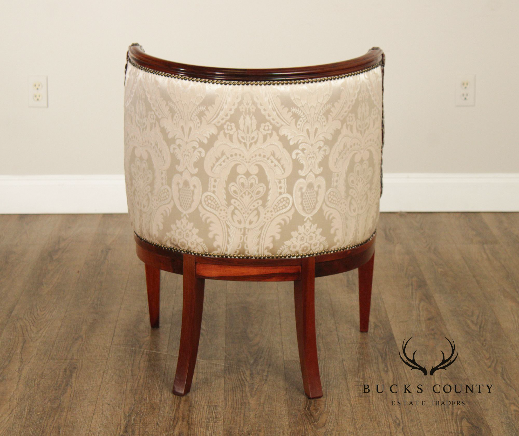 Neoclassical Revival Pair of Swan Carved Barrel Back Armchairs