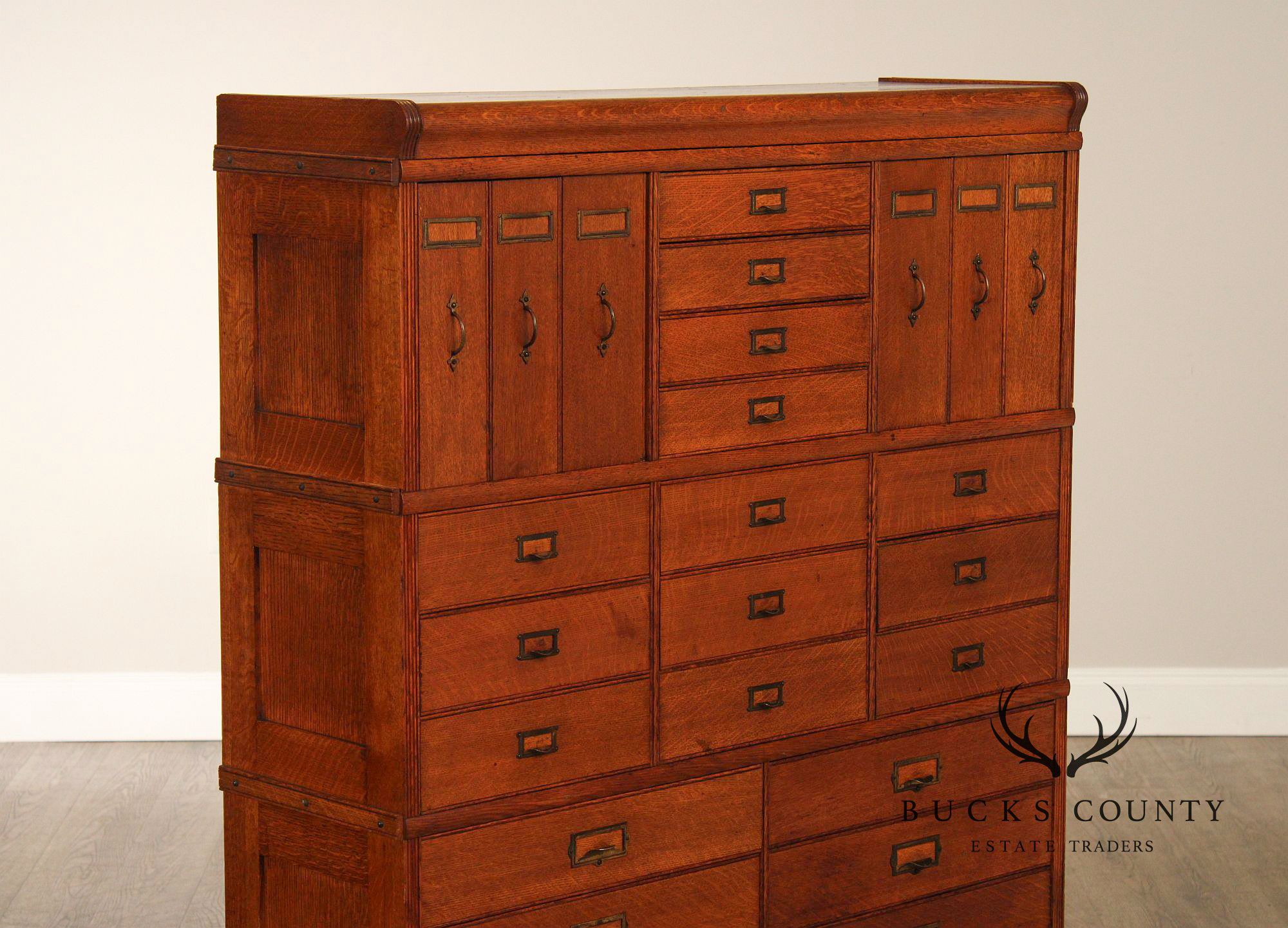 Antique Oak Multi Drawer Stacking Library File Cabinet