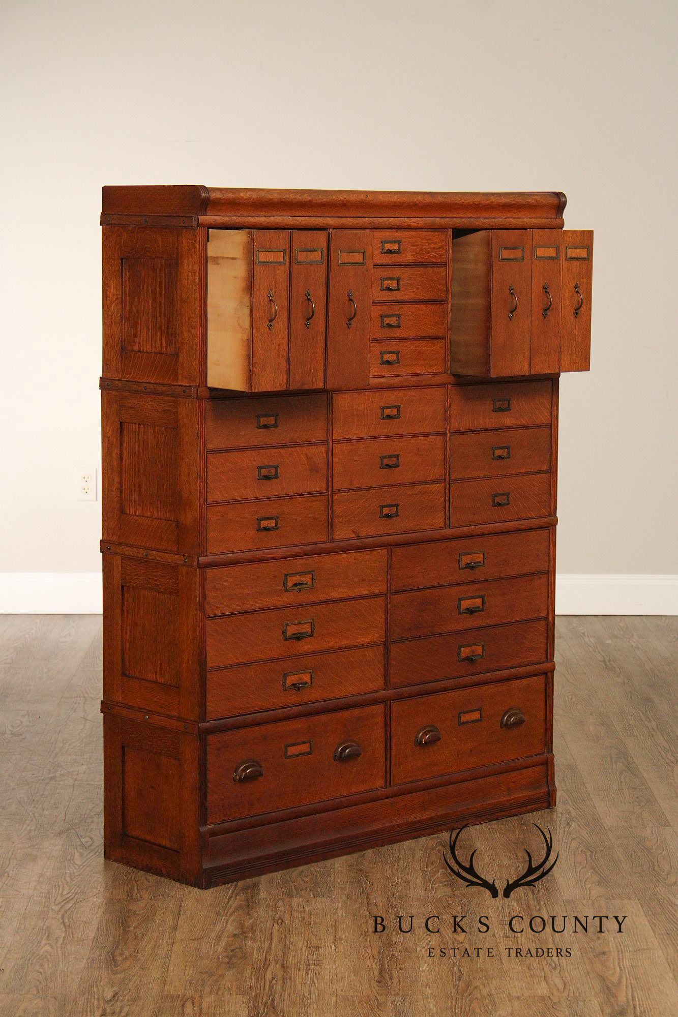 Antique Oak Multi Drawer Stacking Library File Cabinet
