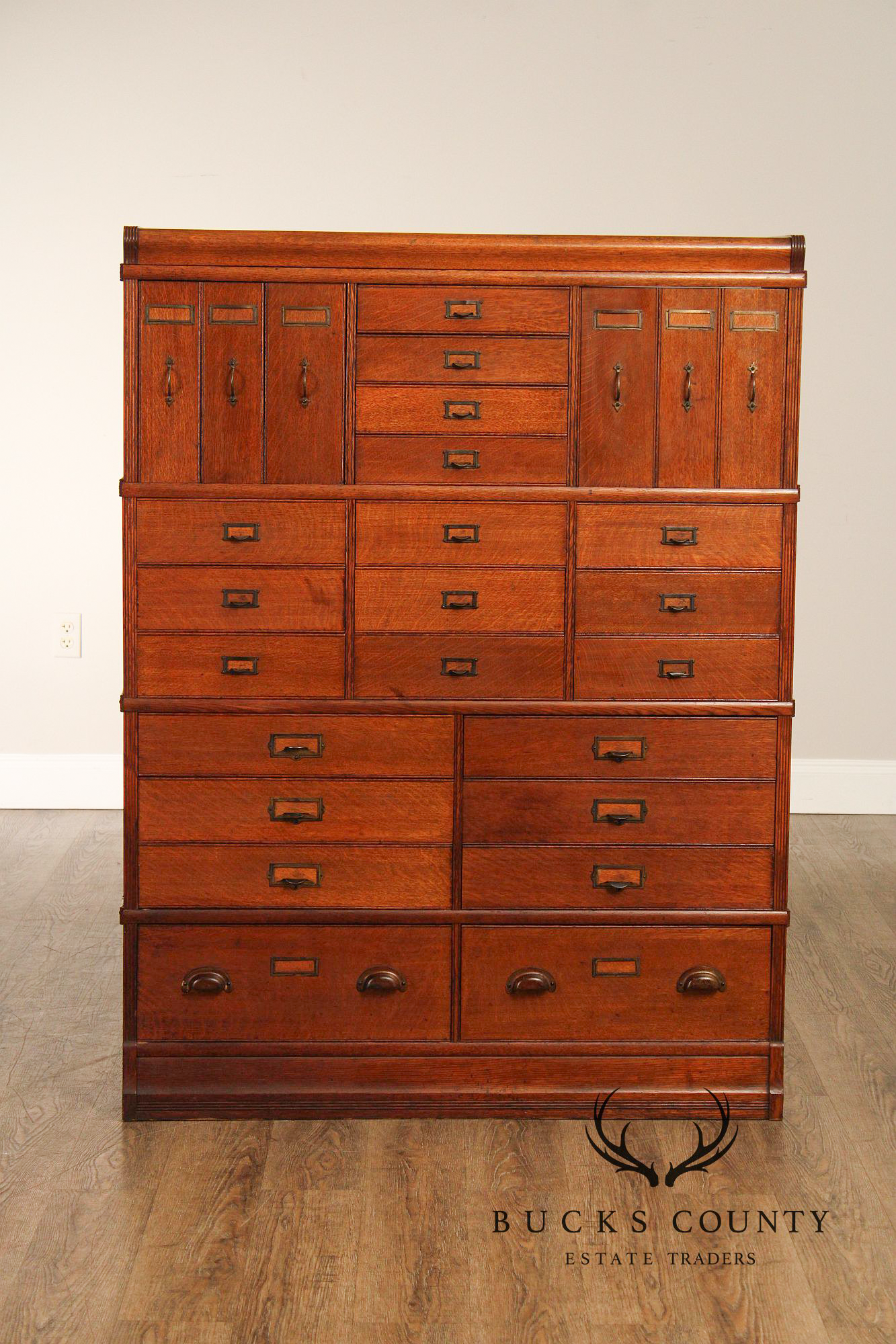 Antique Oak Multi Drawer Stacking Library File Cabinet