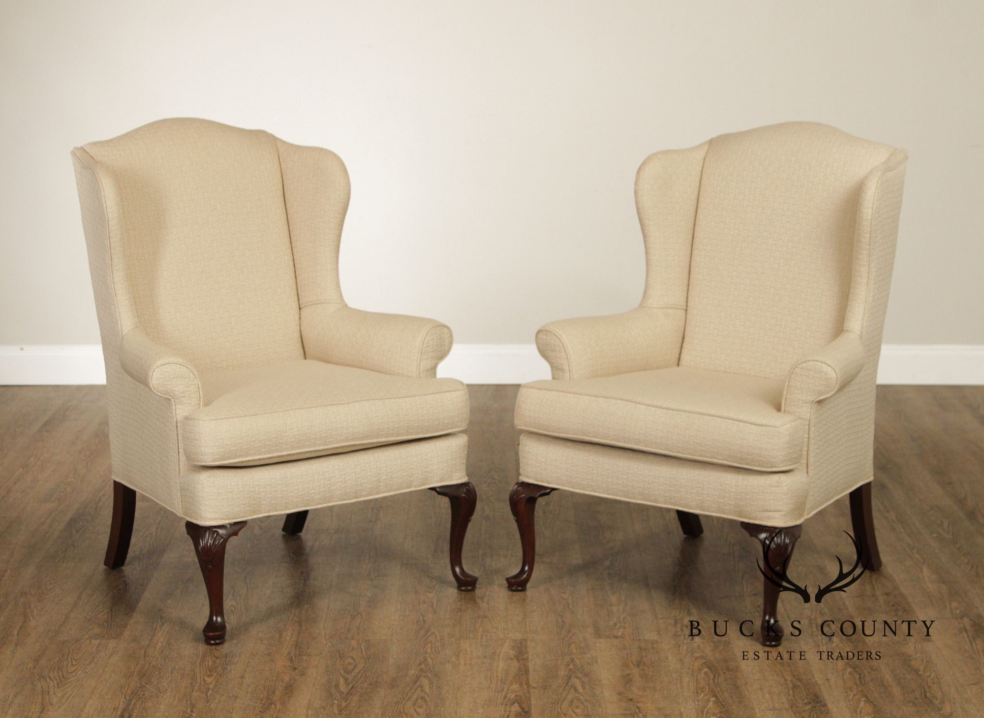 Queen Anne Style Pair of Mahogany Wing Chairs