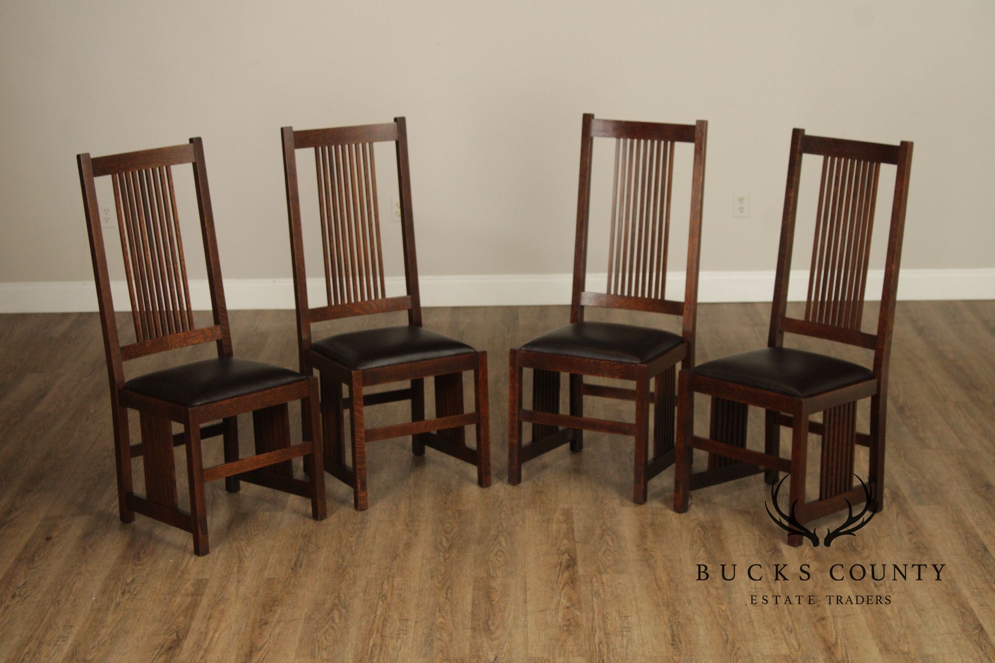 Stickley Mission Collection Set of Four Oak Spindle Dining Chairs