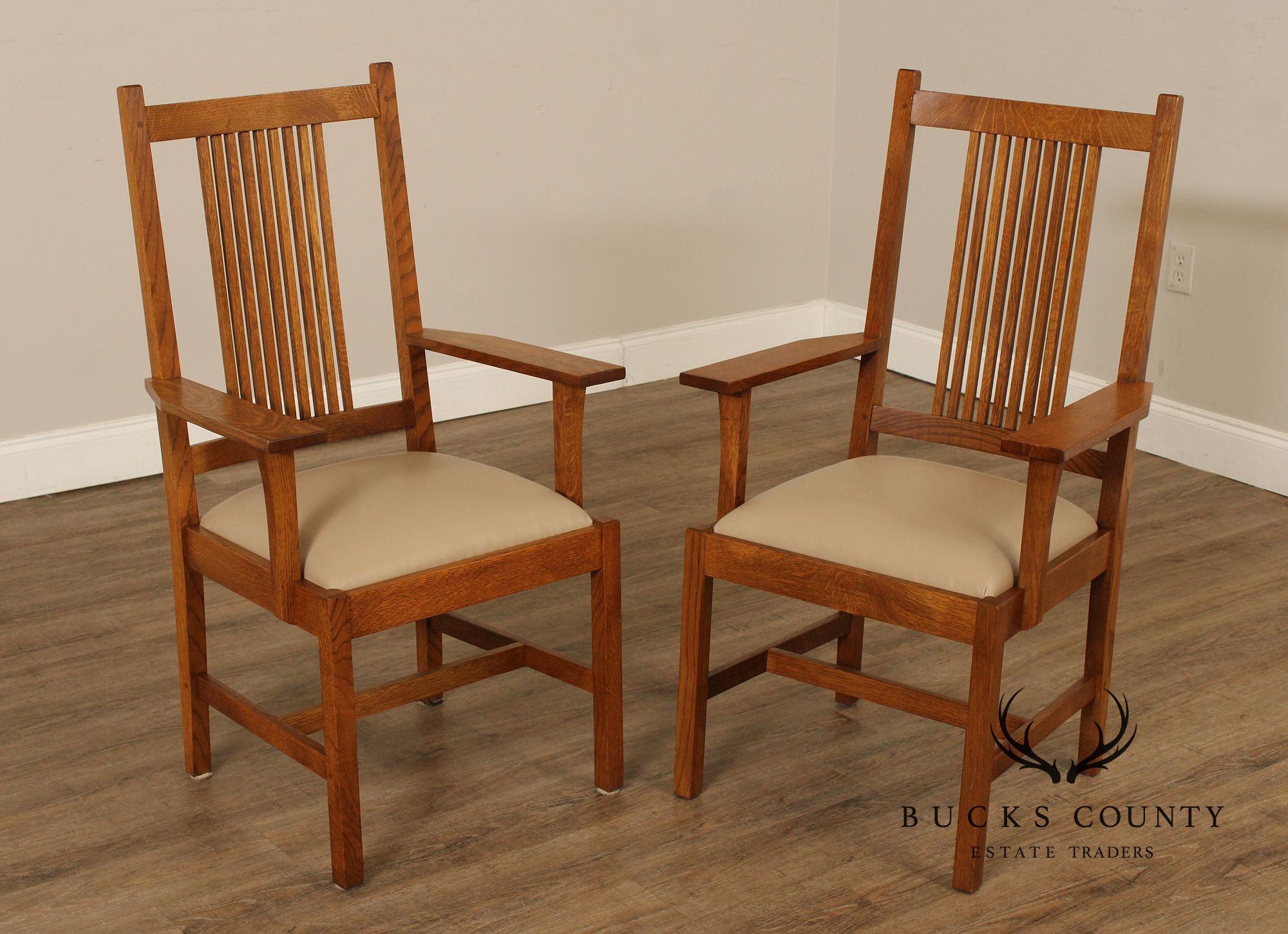 Stickley Mission Collection Pair of Oak Spindle Dining Armchairs