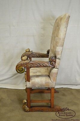 18th Century Italian Renaissance Patchwork Leather Partial Gilt Throne Chair