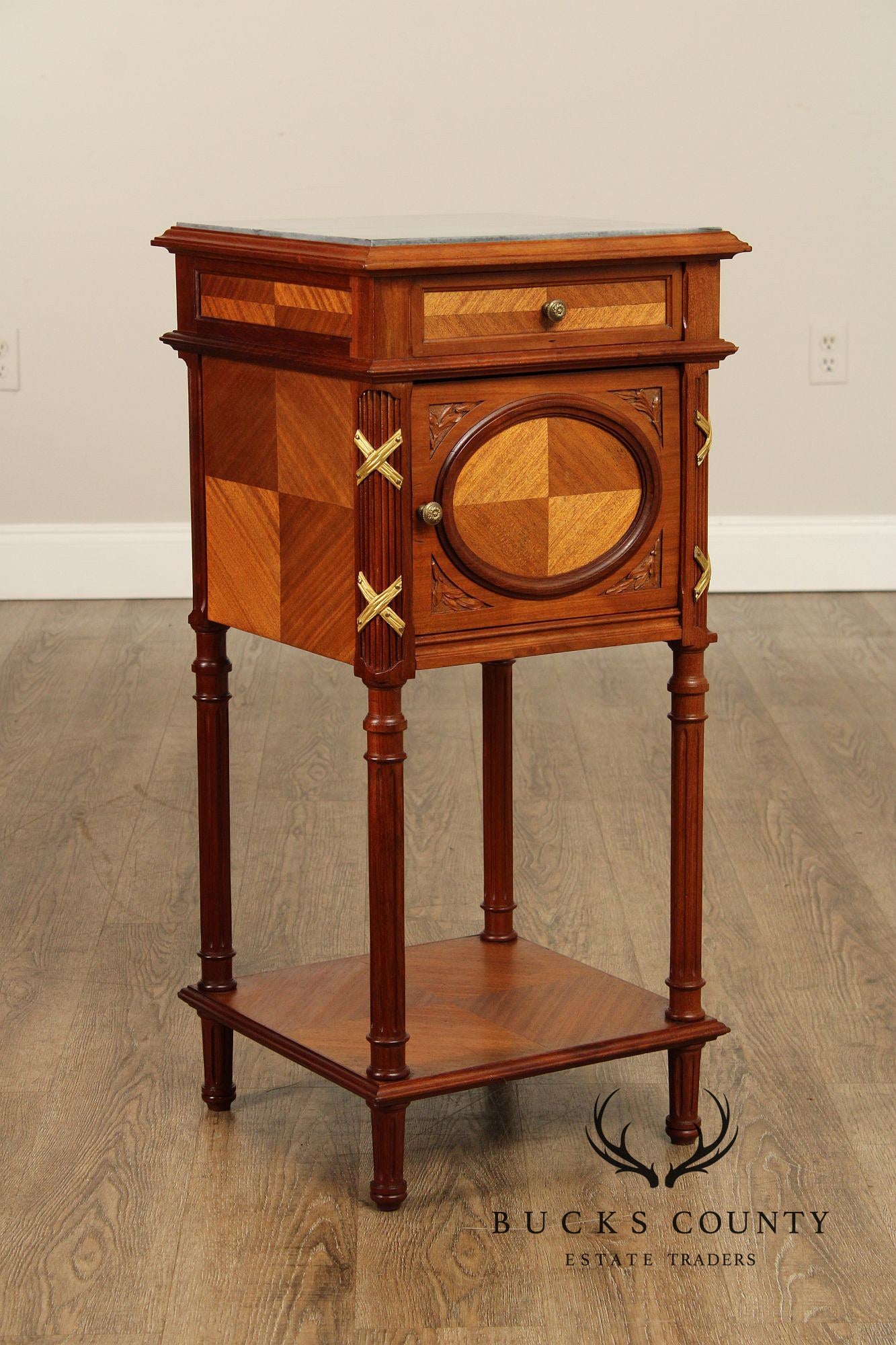 French Louis XVI Style Marble Top Mahogany Nightstand Cabinet