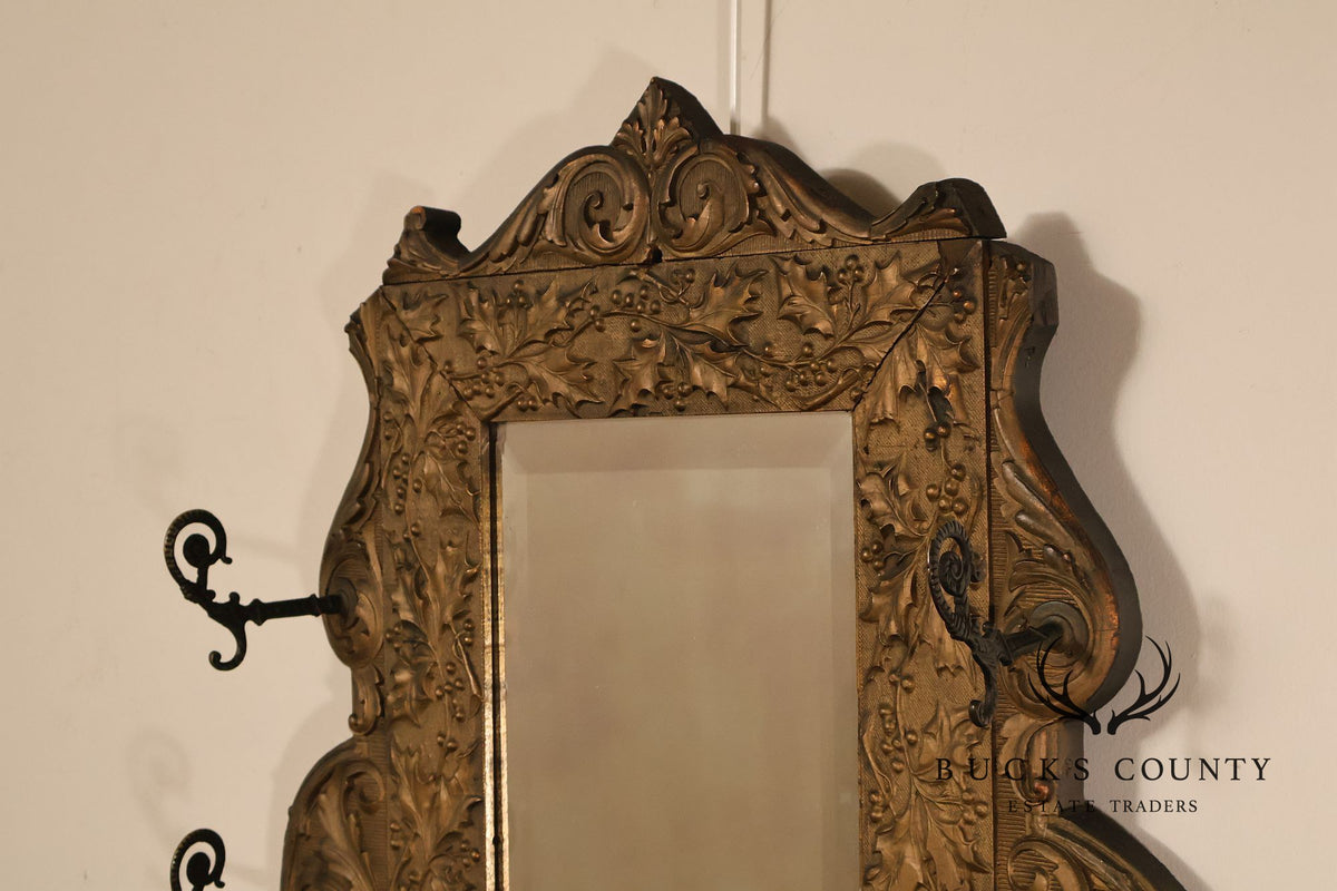 Antique Carved Gilt Wood Wall Mirror With Wrought Iron Hooks