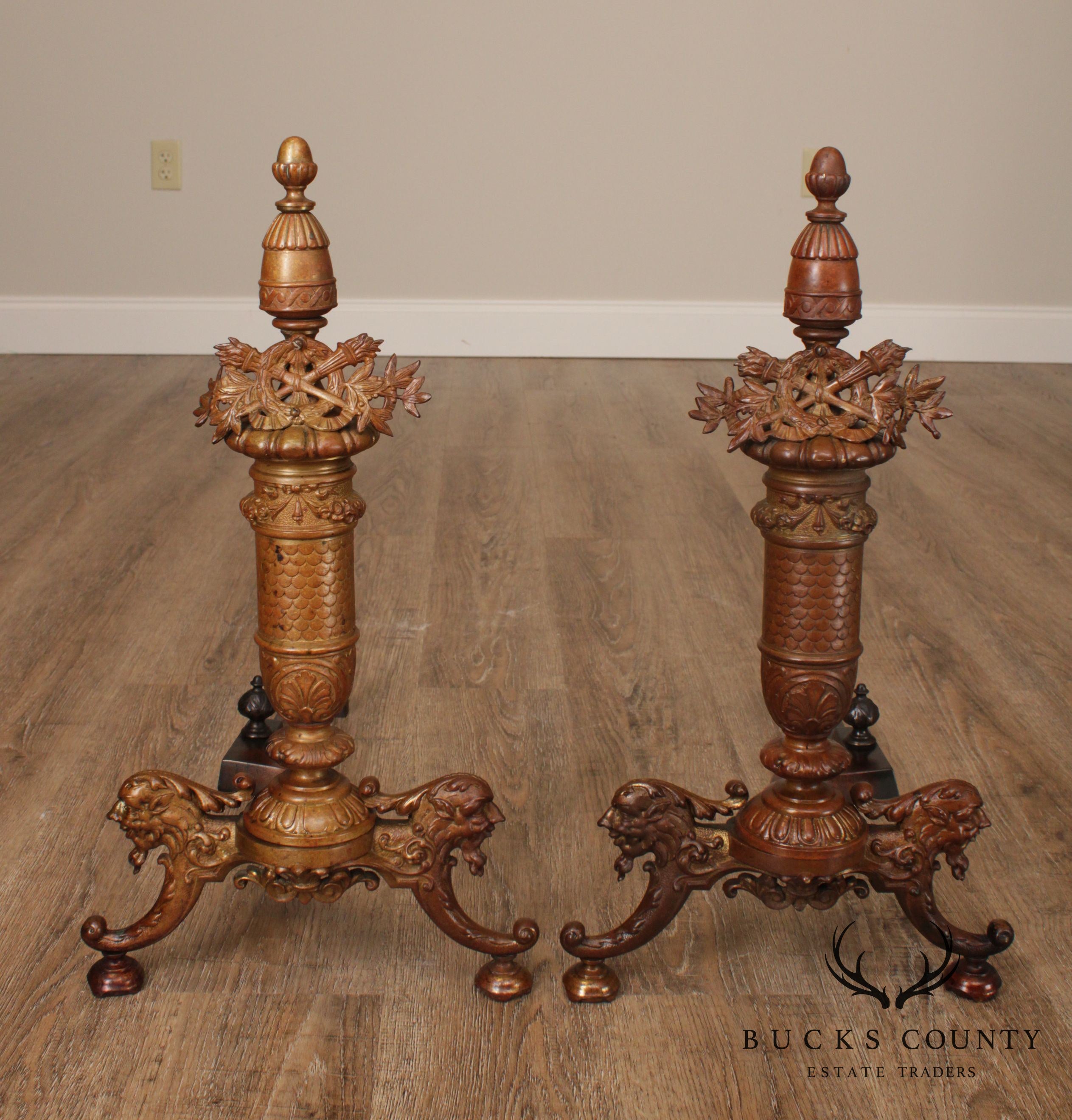 French Louis XVI Style Antique Pair Brass Andirons