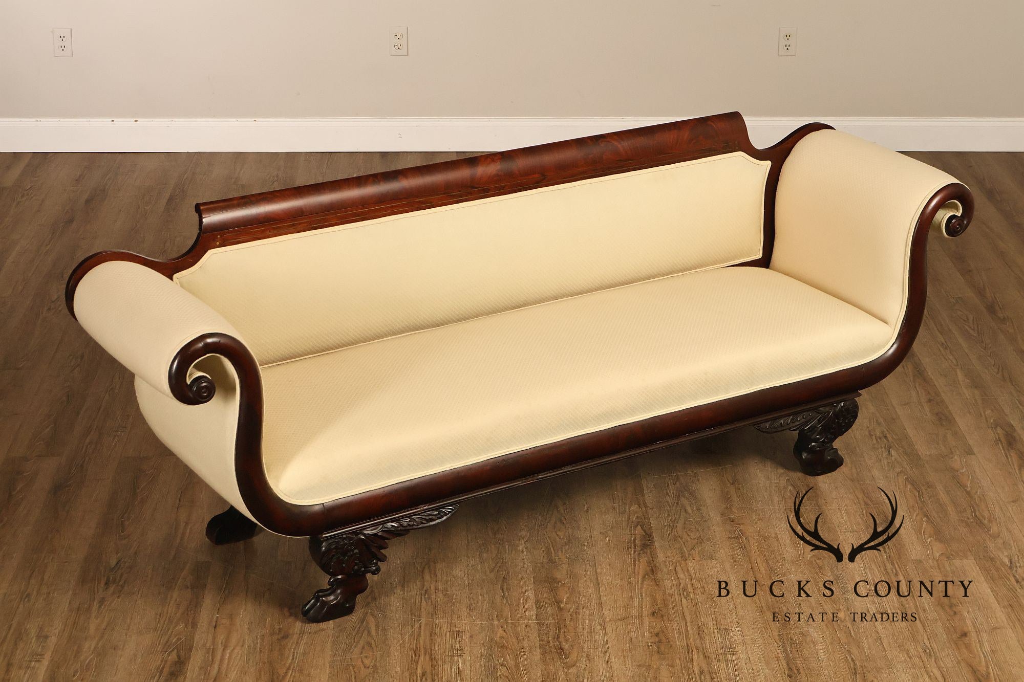Antique Empire Style Mahogany Classical Scroll Arm Sofa