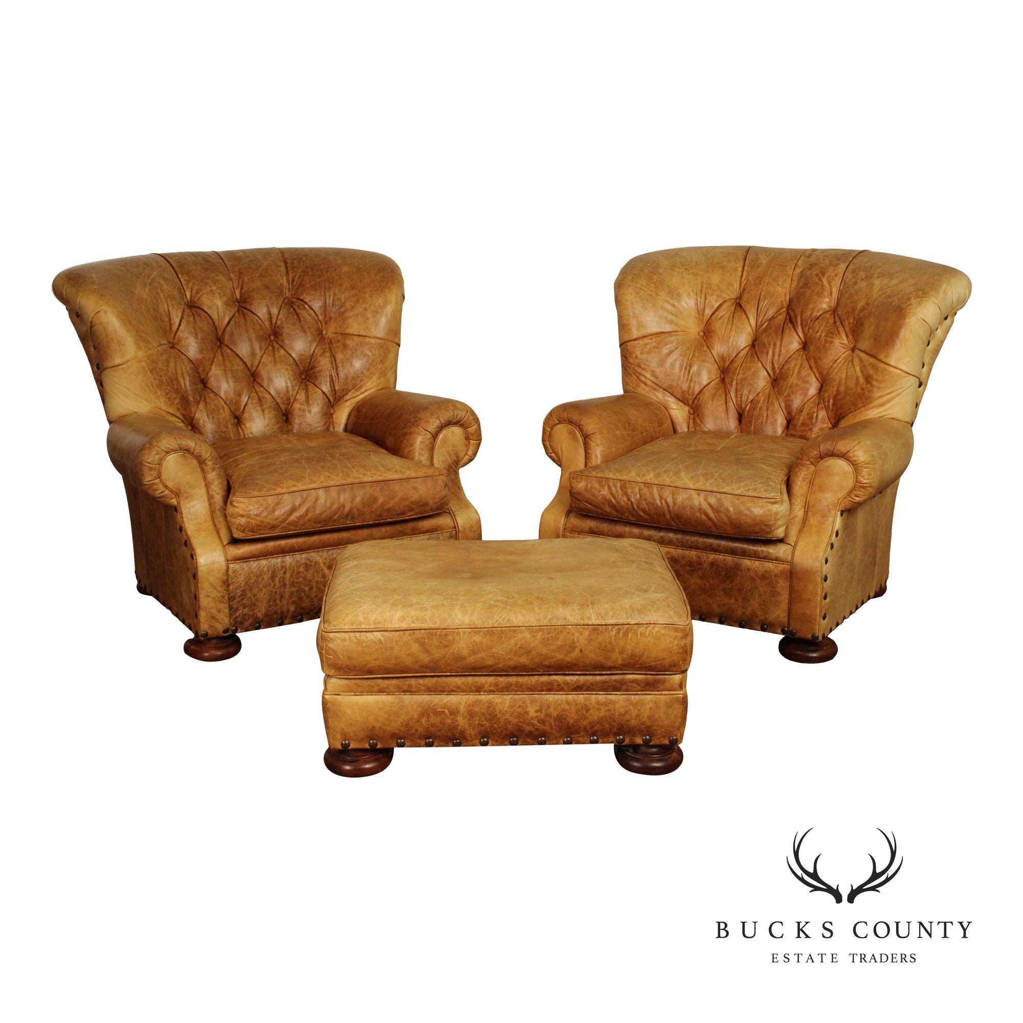 English Traditional Style Pair of Tufted Leather Armchairs and Ottoman