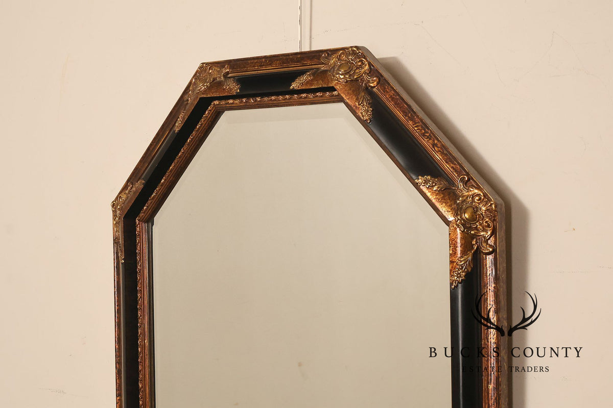Traditional Octagonal Black And Gilt Beveled Wall Mirror