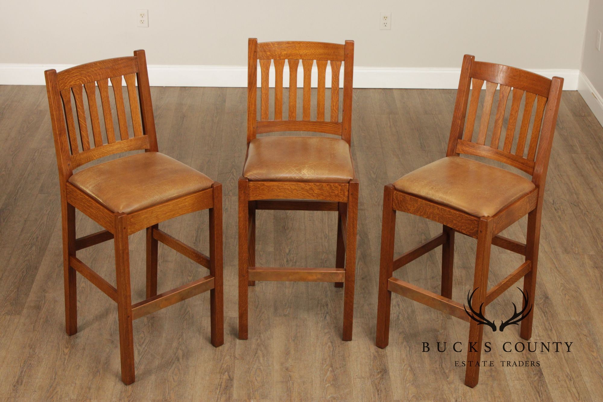 Stickley Mission Collection Set of Three Oak Slat Back Bar Stools