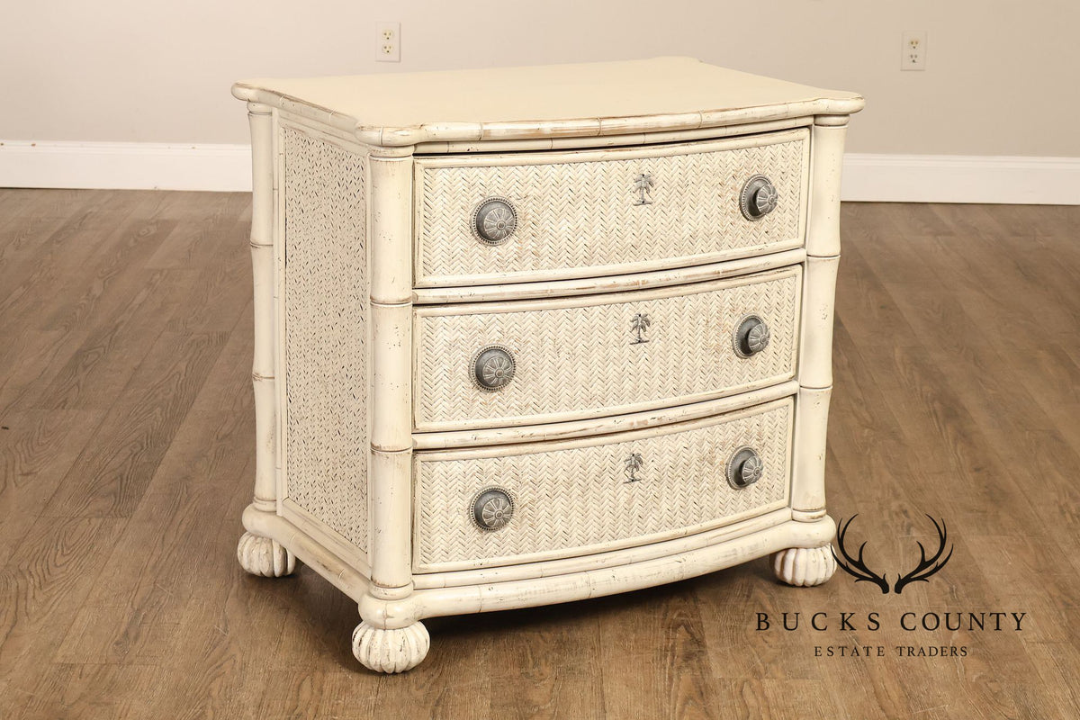 Pair Of Tommy Bahama By Lexington Painted Woven Rattan Three Drawer Nightstands