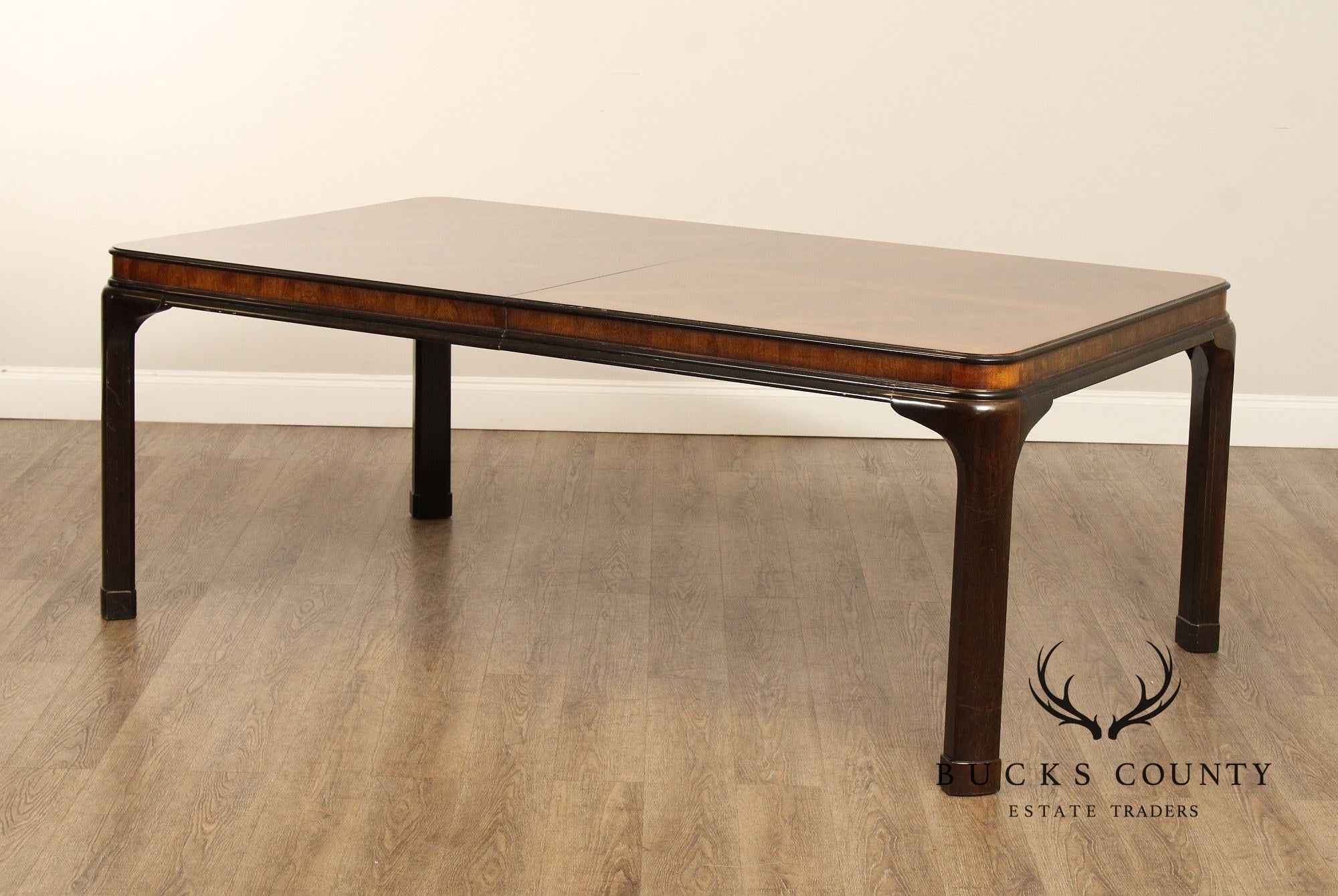 Drexel Heritage Extendable Burlwood Parquetry Top Parsons Dining Table