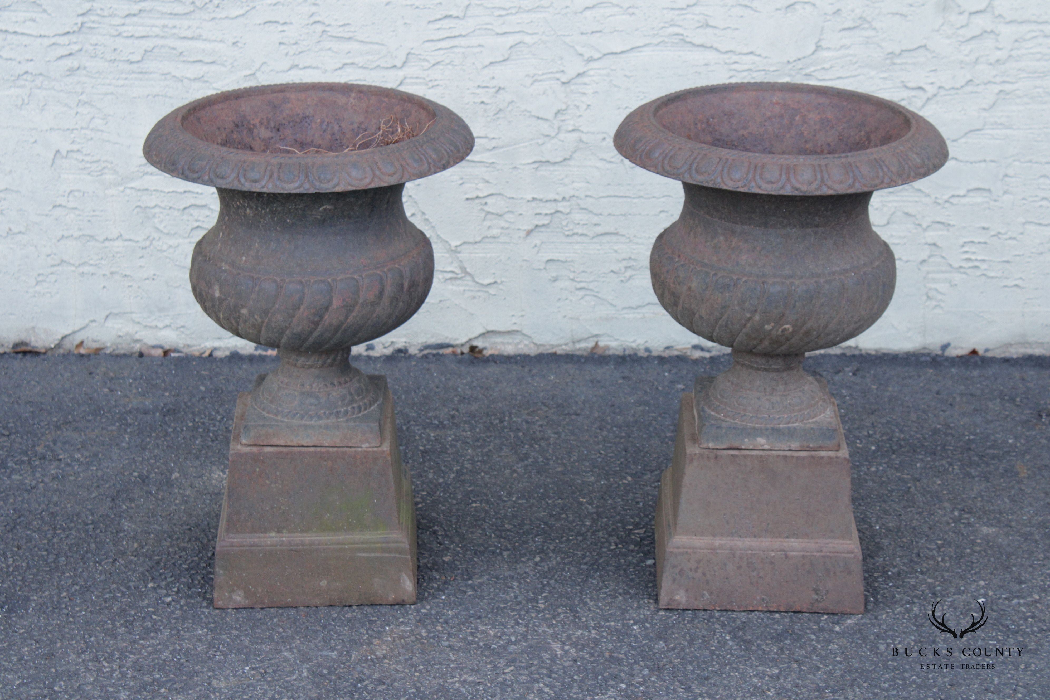 French Style Vintage Pair of Cast Iron Garden Urns