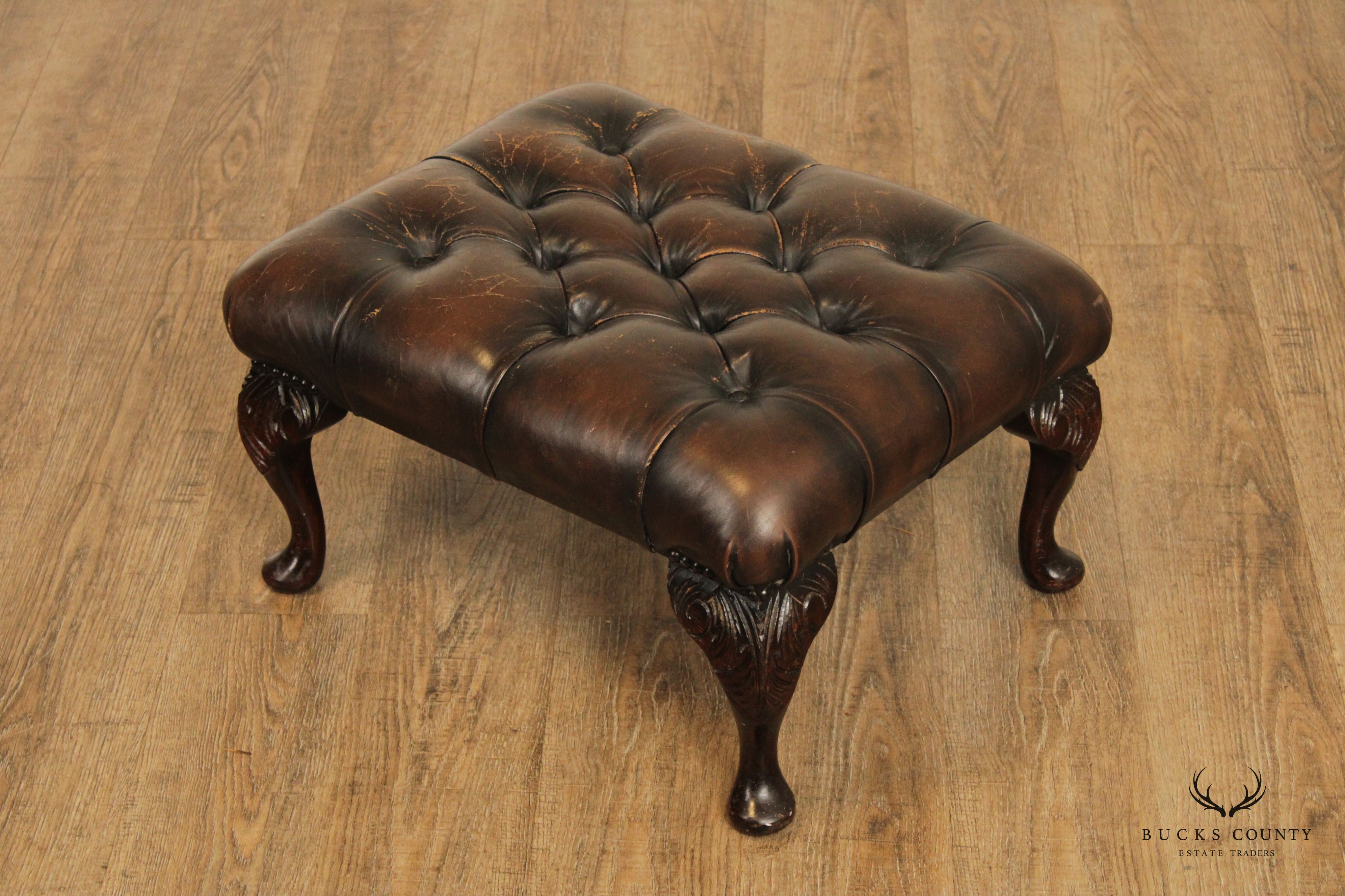 Georgian Style Vintage Tufted Leather Foot Stool